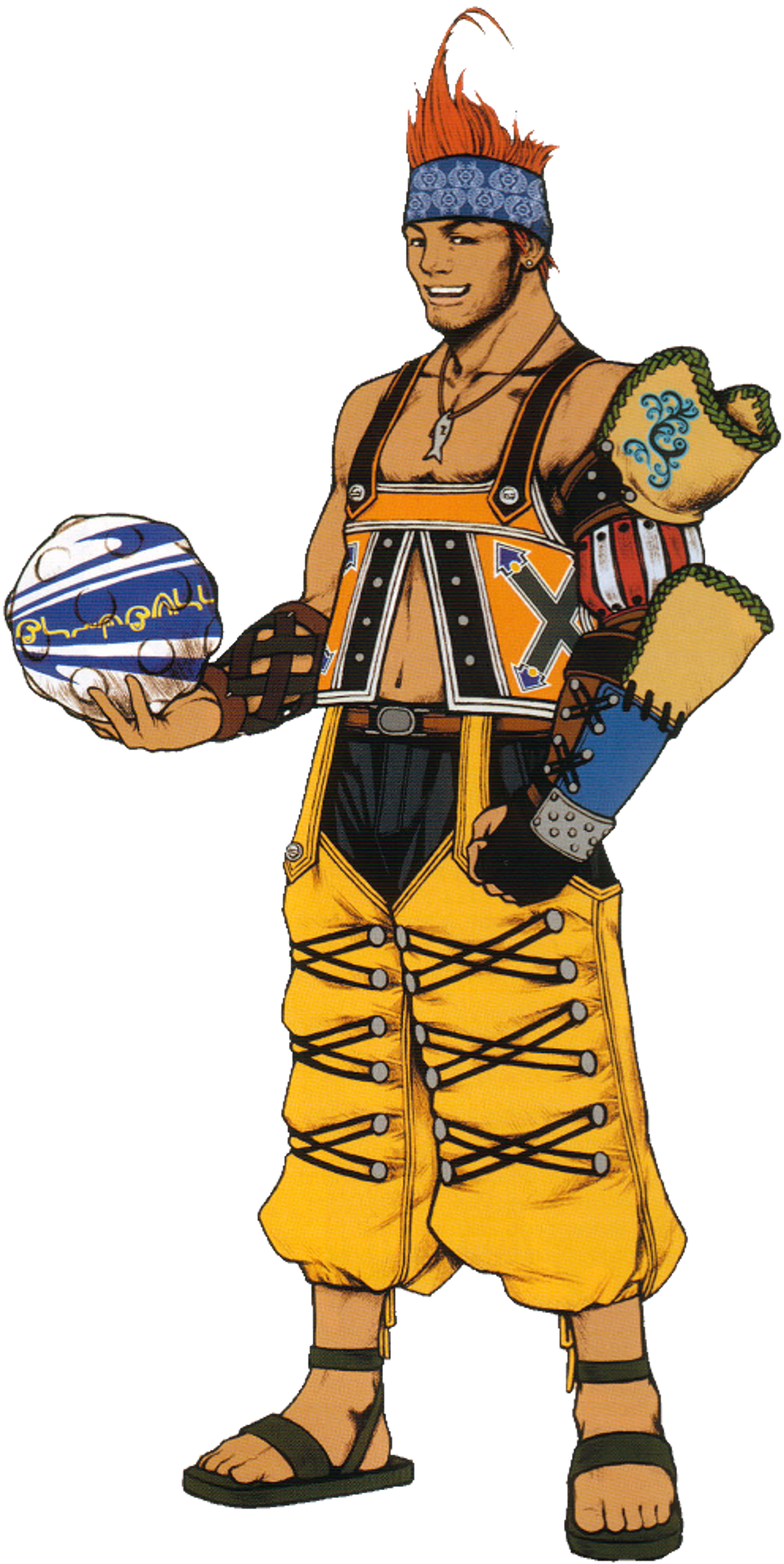 A man with orange hair and a yellow outfit holding a blitzball