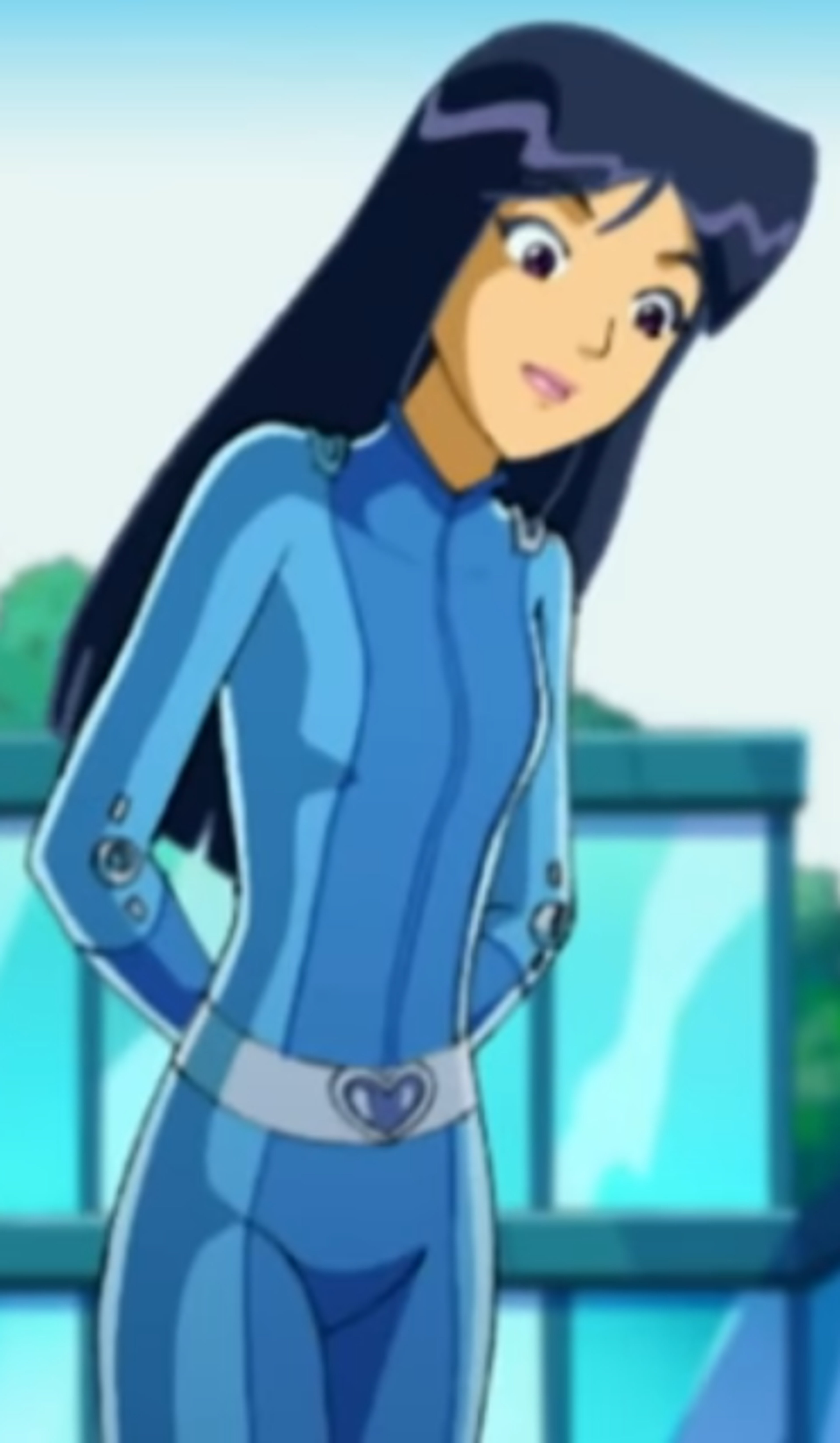 An anime-style character with long black hair, violet eyes, and an athletic build wearing a blue spy-like outfit.