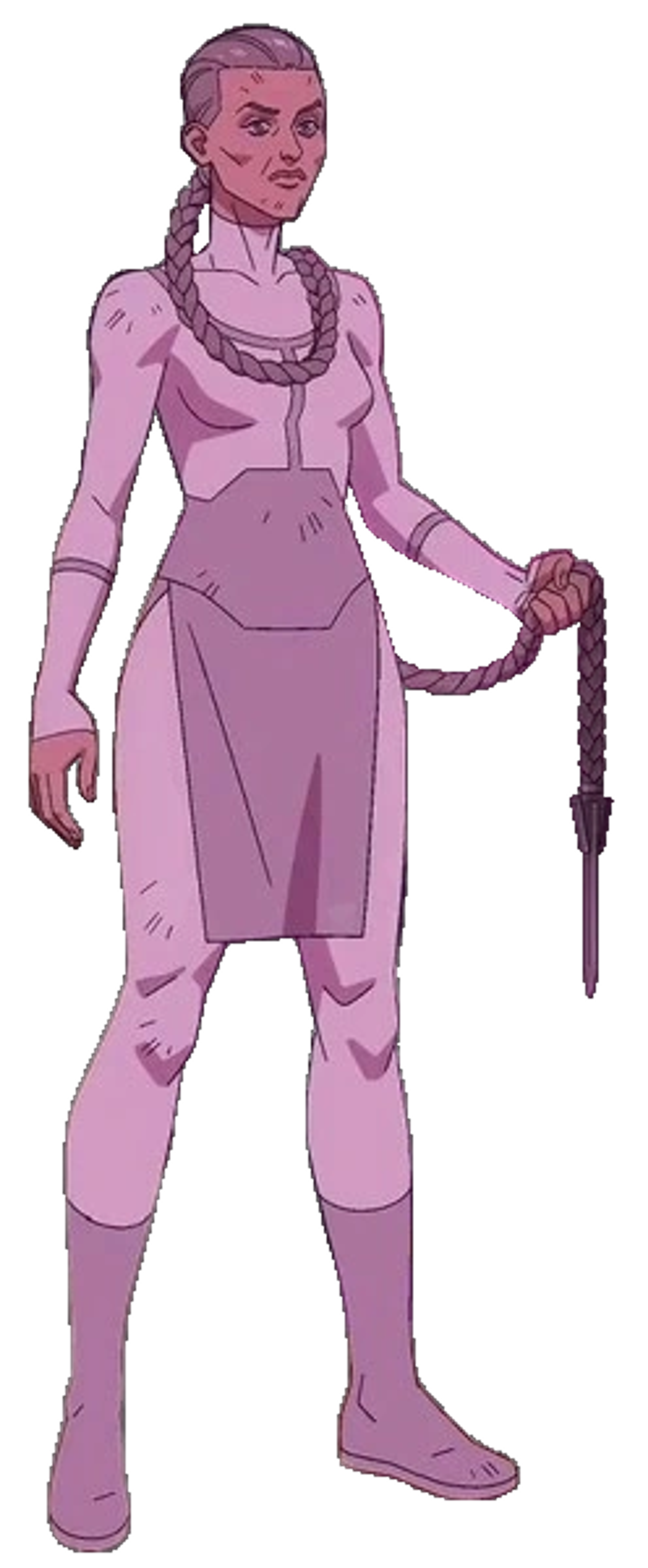 A female Viltrumite warrior with long braided hair and a blade attached to the end, wearing traditional gray and white attire.