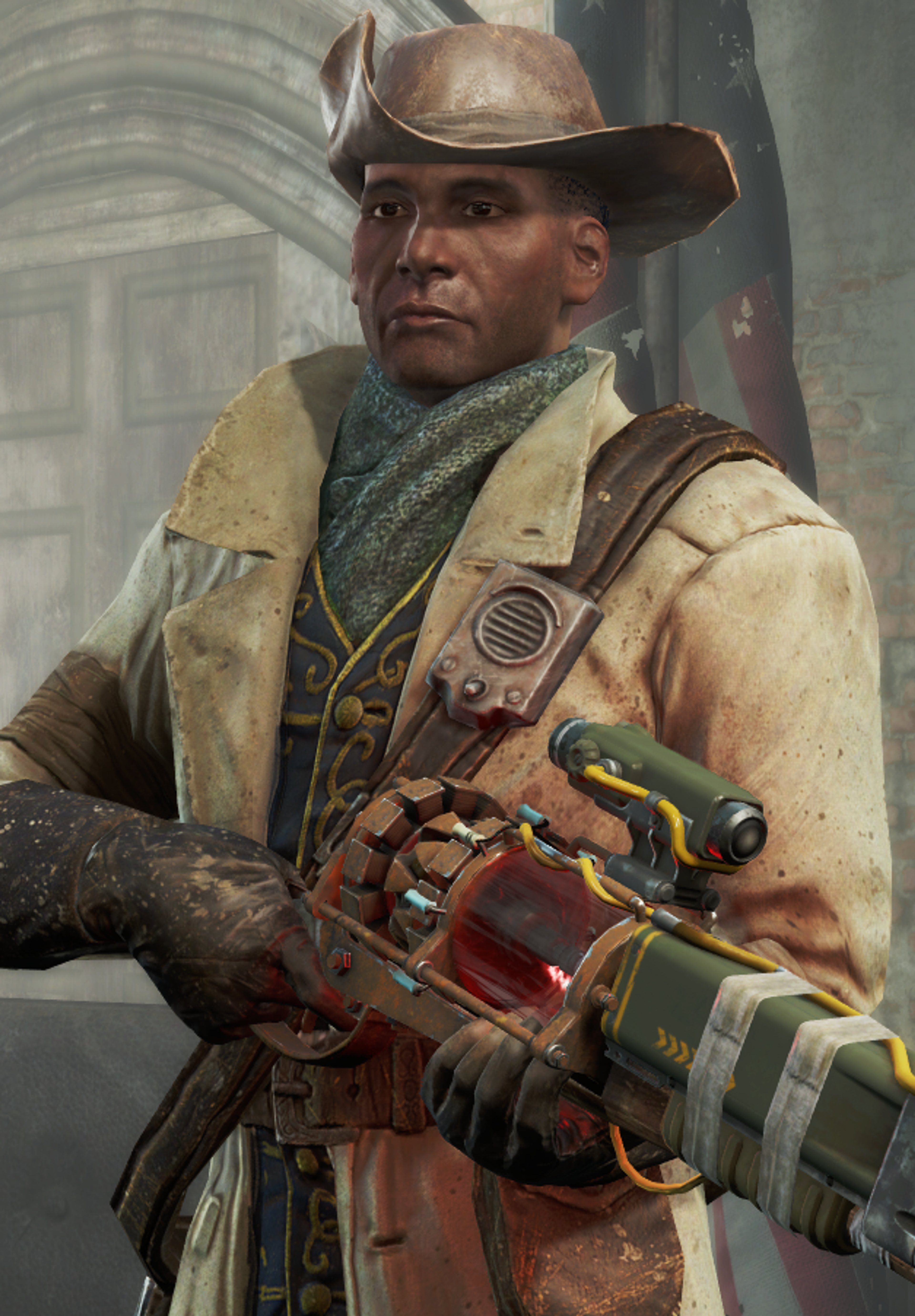 A man in a tan duster coat and hat holding a futuristic rifle