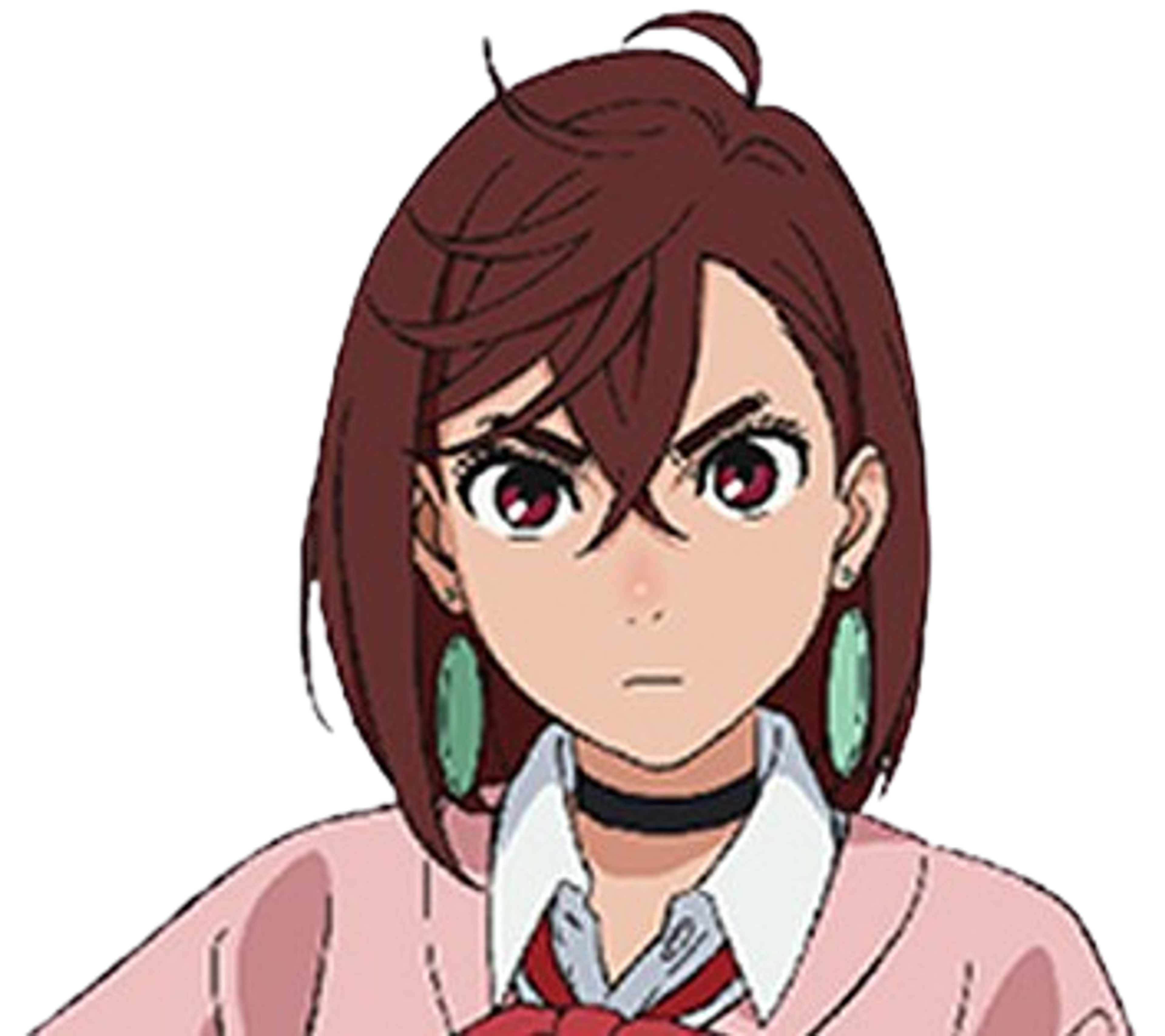 A young woman with brown hair and a determined expression, wearing a pink shirt and red tie.