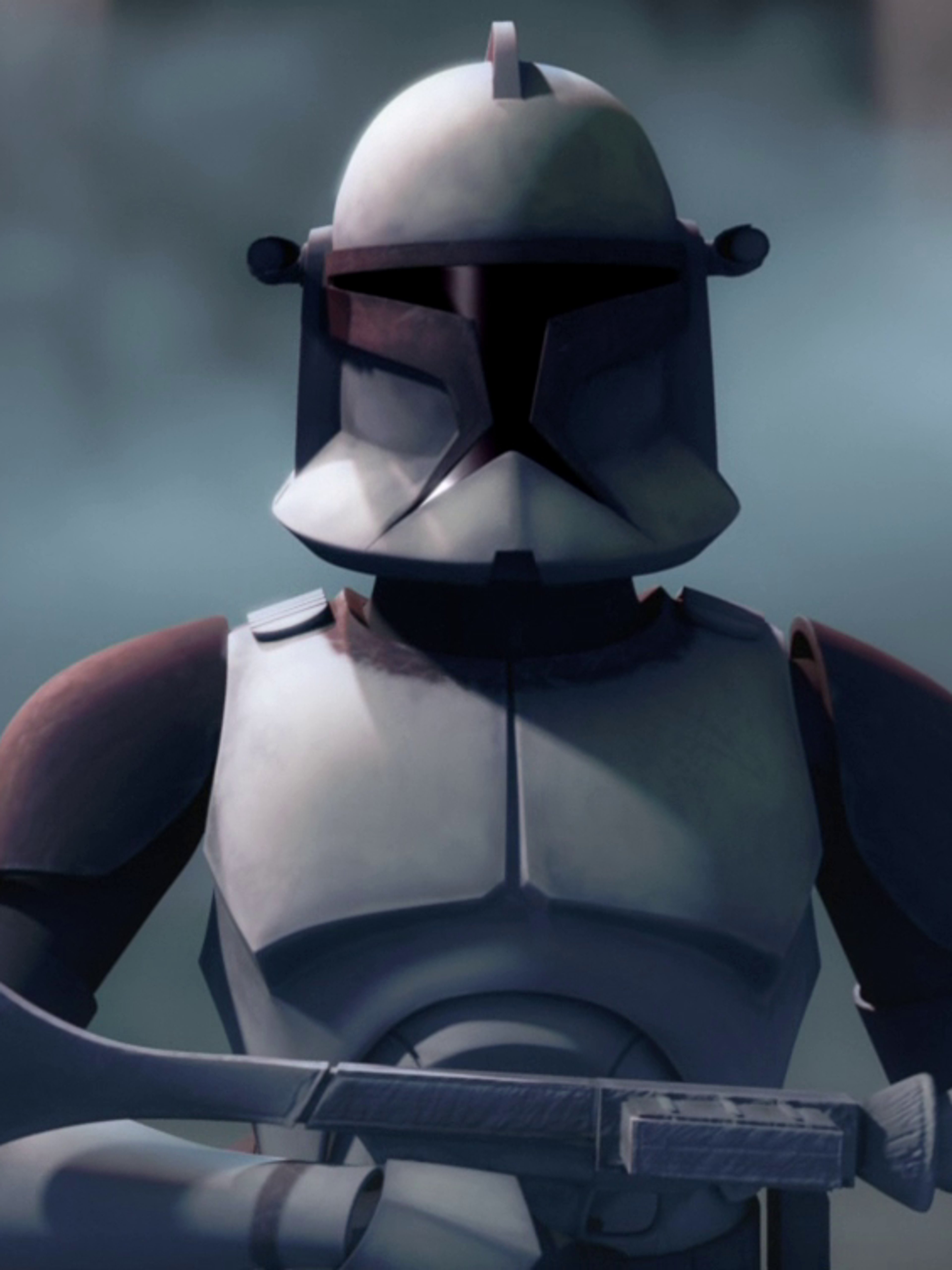 A clone trooper character from the Star Wars universe, wearing white and black armor and holding a blaster rifle.