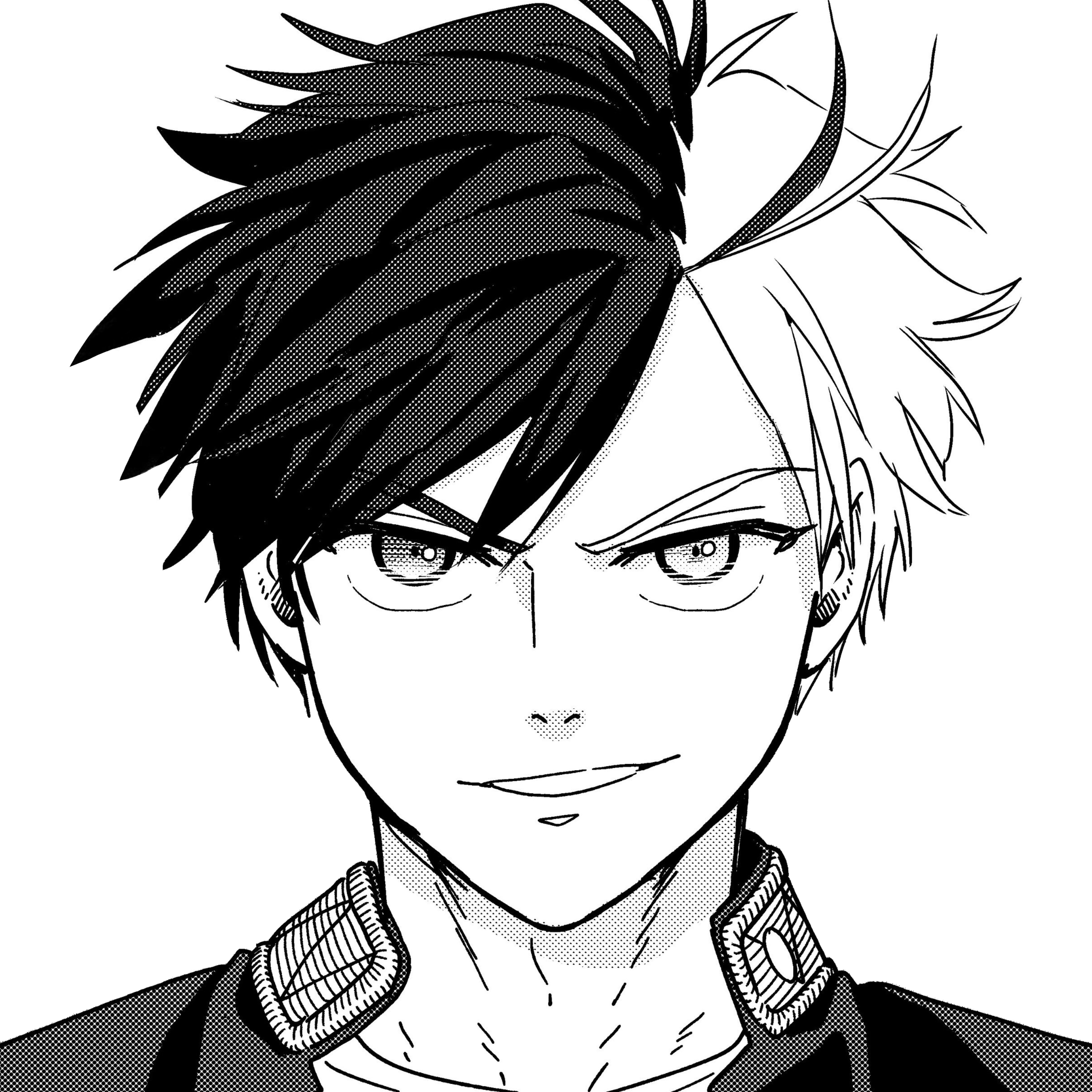 A young male anime-style character with split-colored hair and heterochromatic eyes