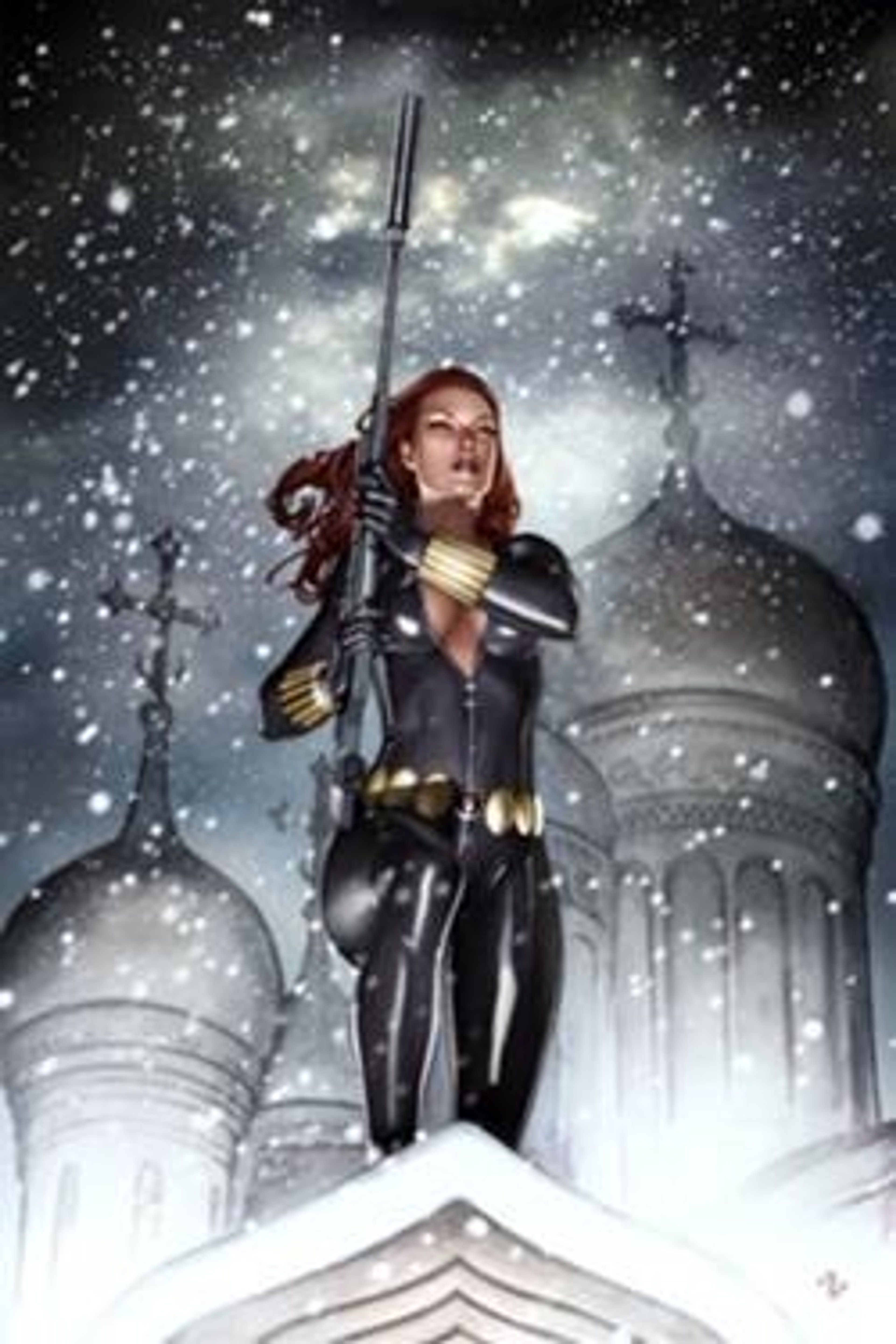 A female character in a black bodysuit holding a weapon on a snowy rooftop