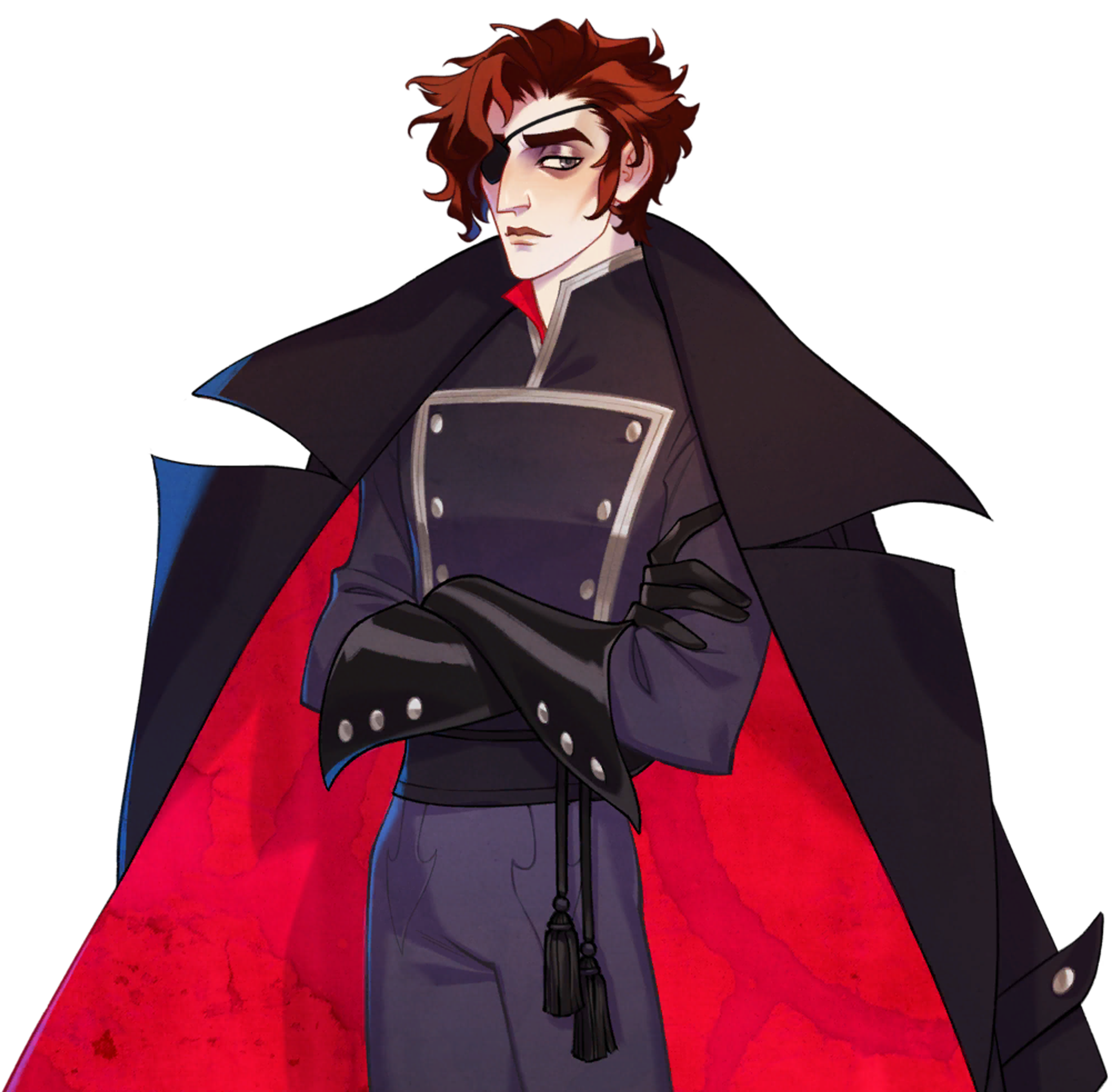 A dramatic, theatrical-looking man with curly auburn hair, a prominent nose, and a black eyepatch covering one eye.