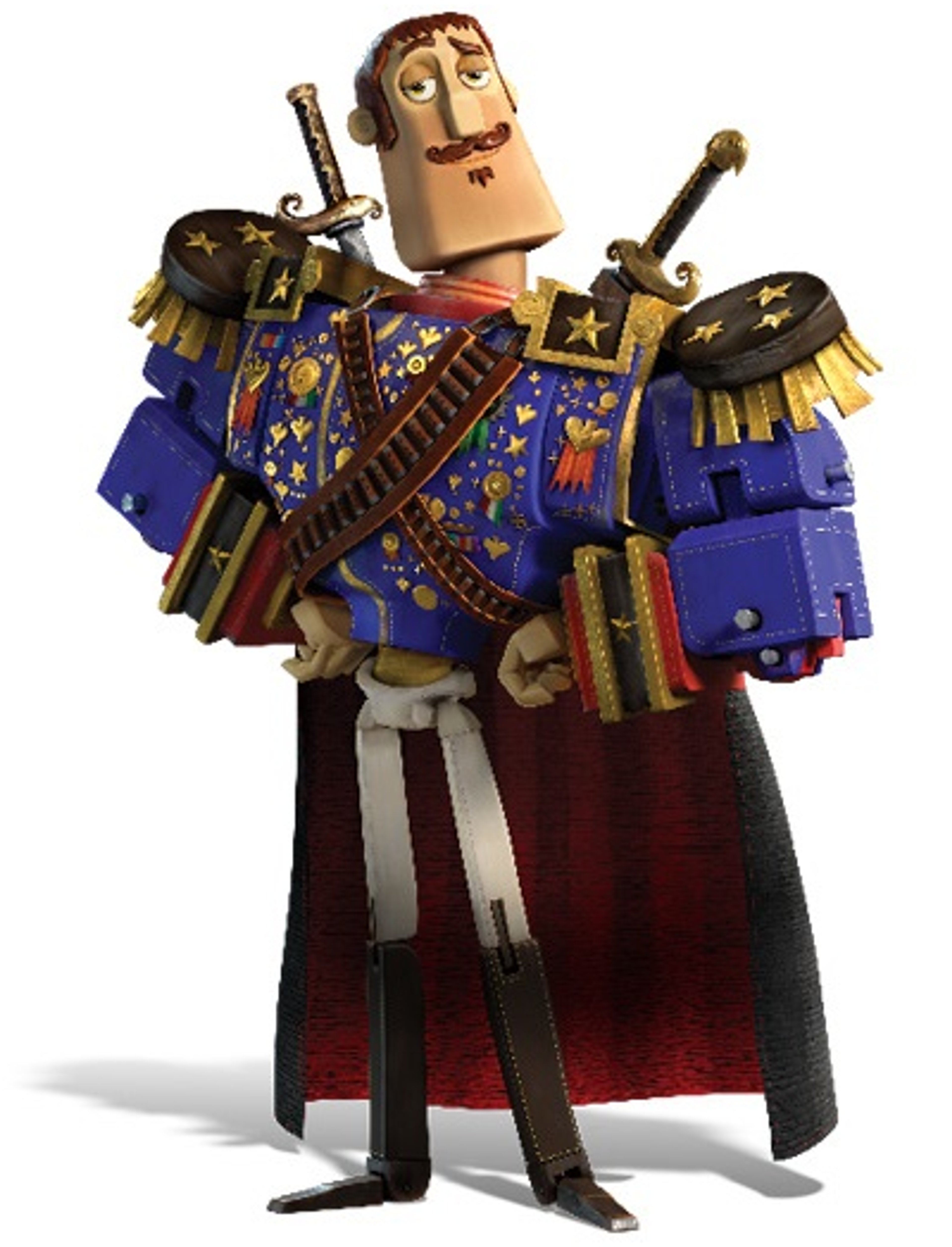 A detailed, stylized character in ornate, colorful clothing holding various weapons and tools