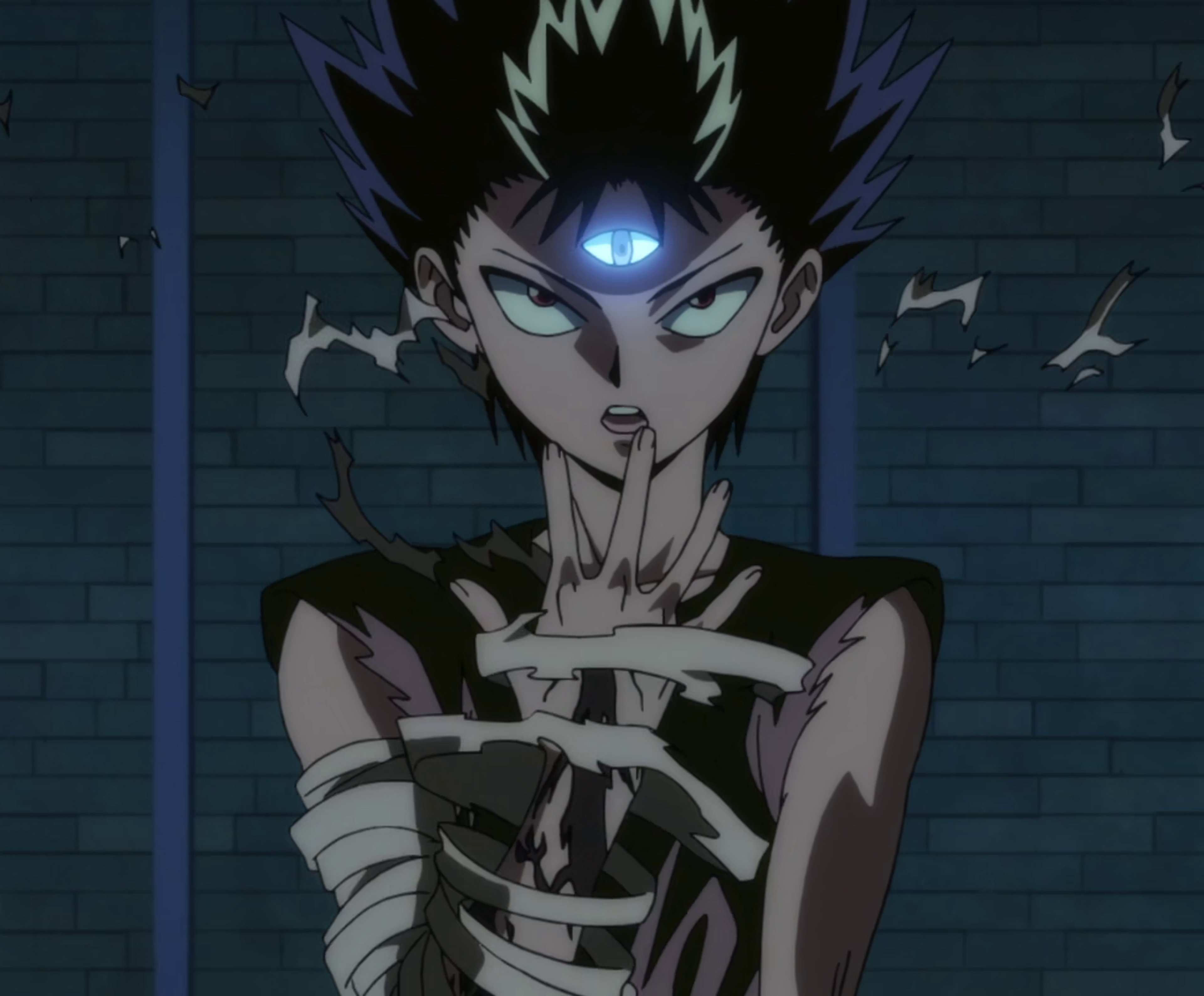 An anime character with spiky black hair, red eyes, and a stern expression, wearing a black outfit and holding a weapon.