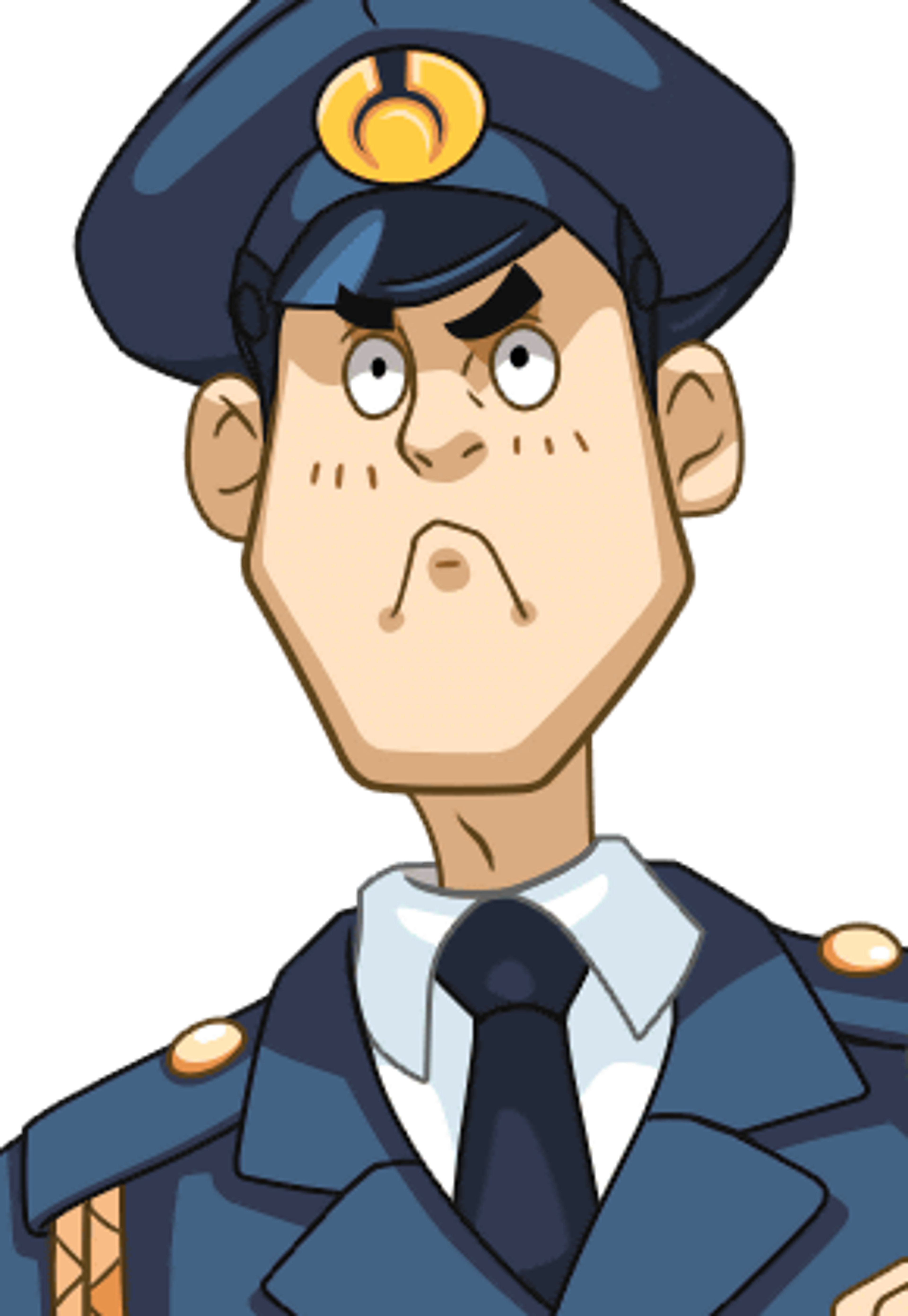 An animated cartoon character of a police officer with a surprised expression