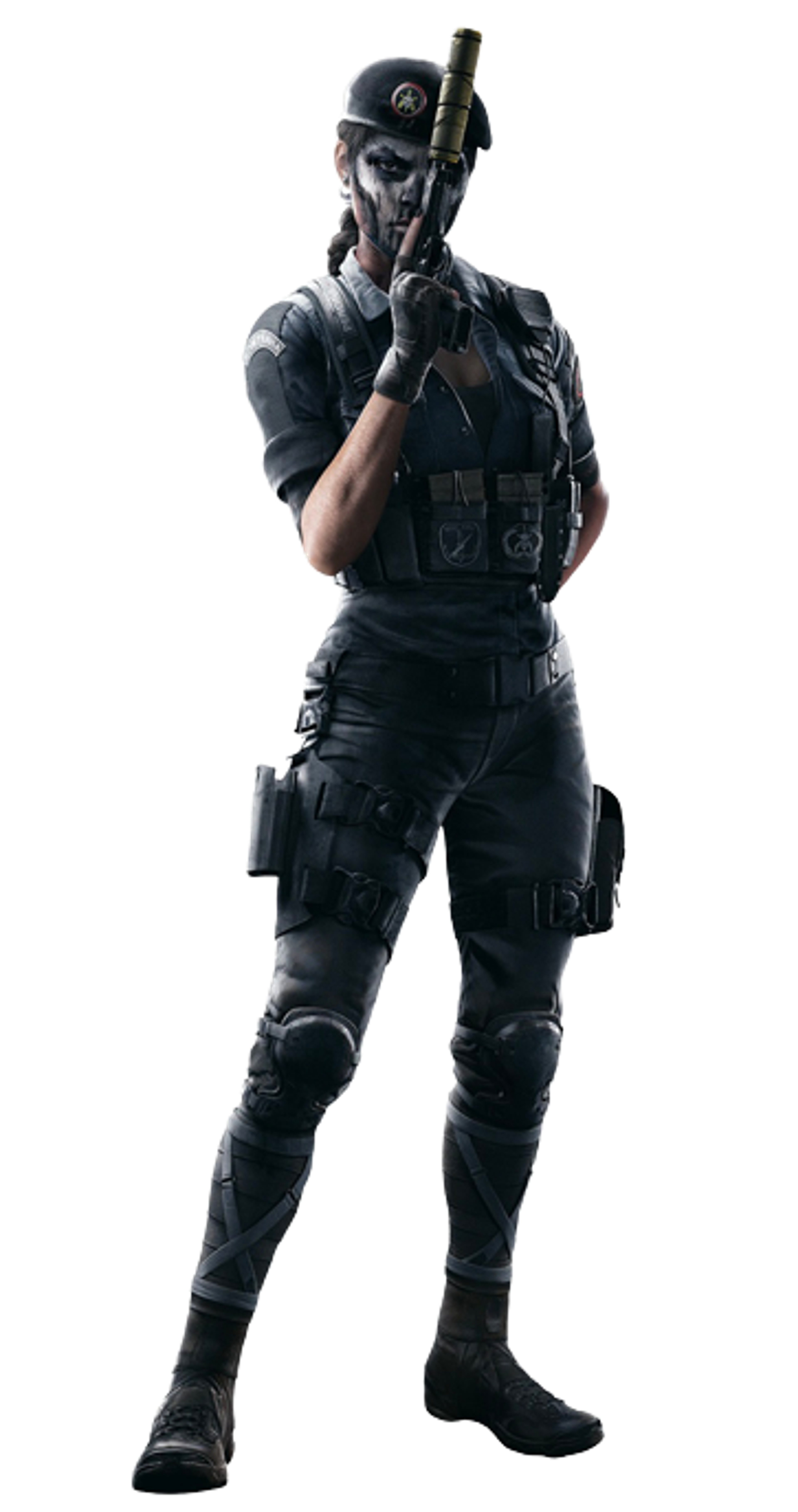 A heavily armed and armored female character in a dark tactical outfit, holding a submachine gun.