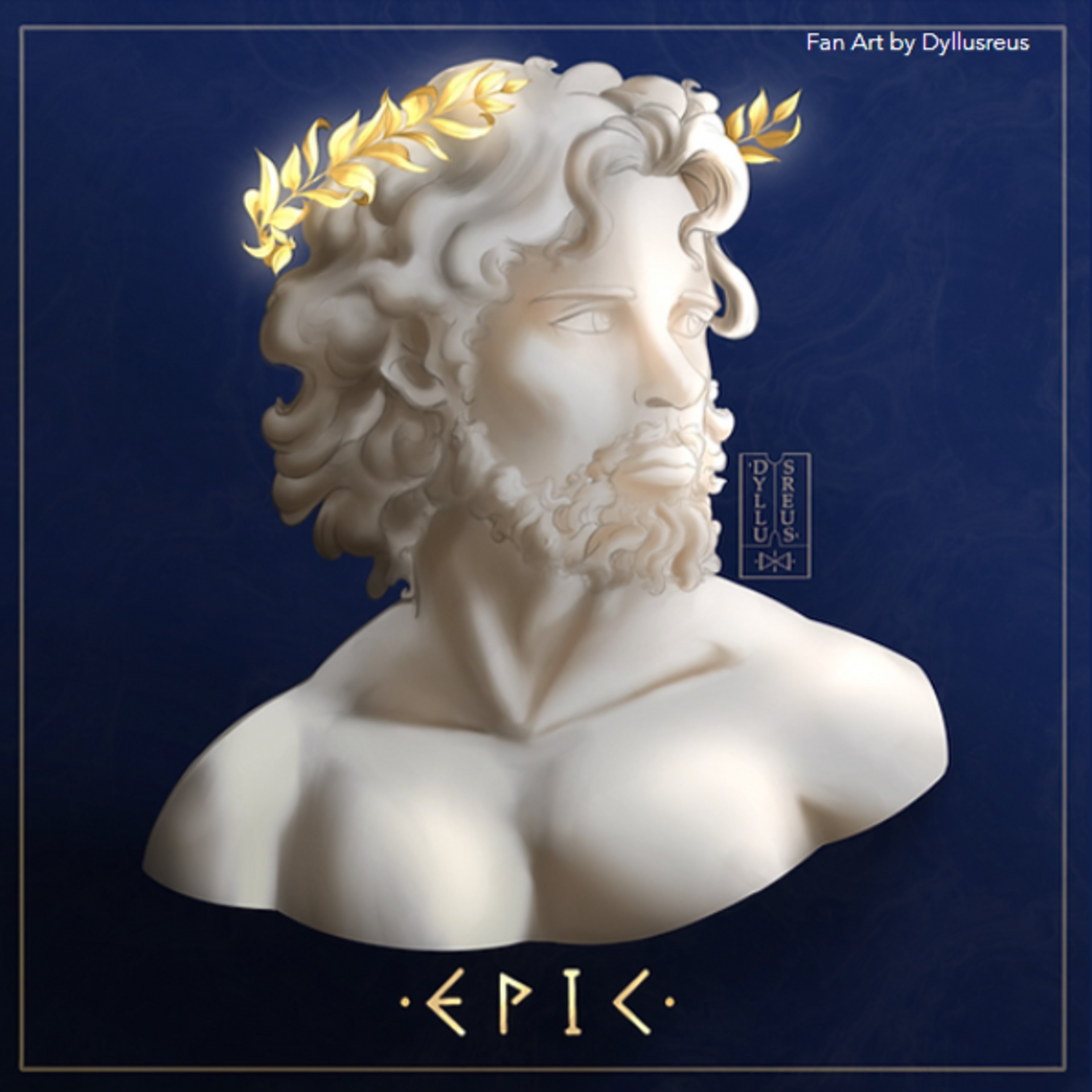 A detailed marble bust sculpture of a man with curly hair and a beard