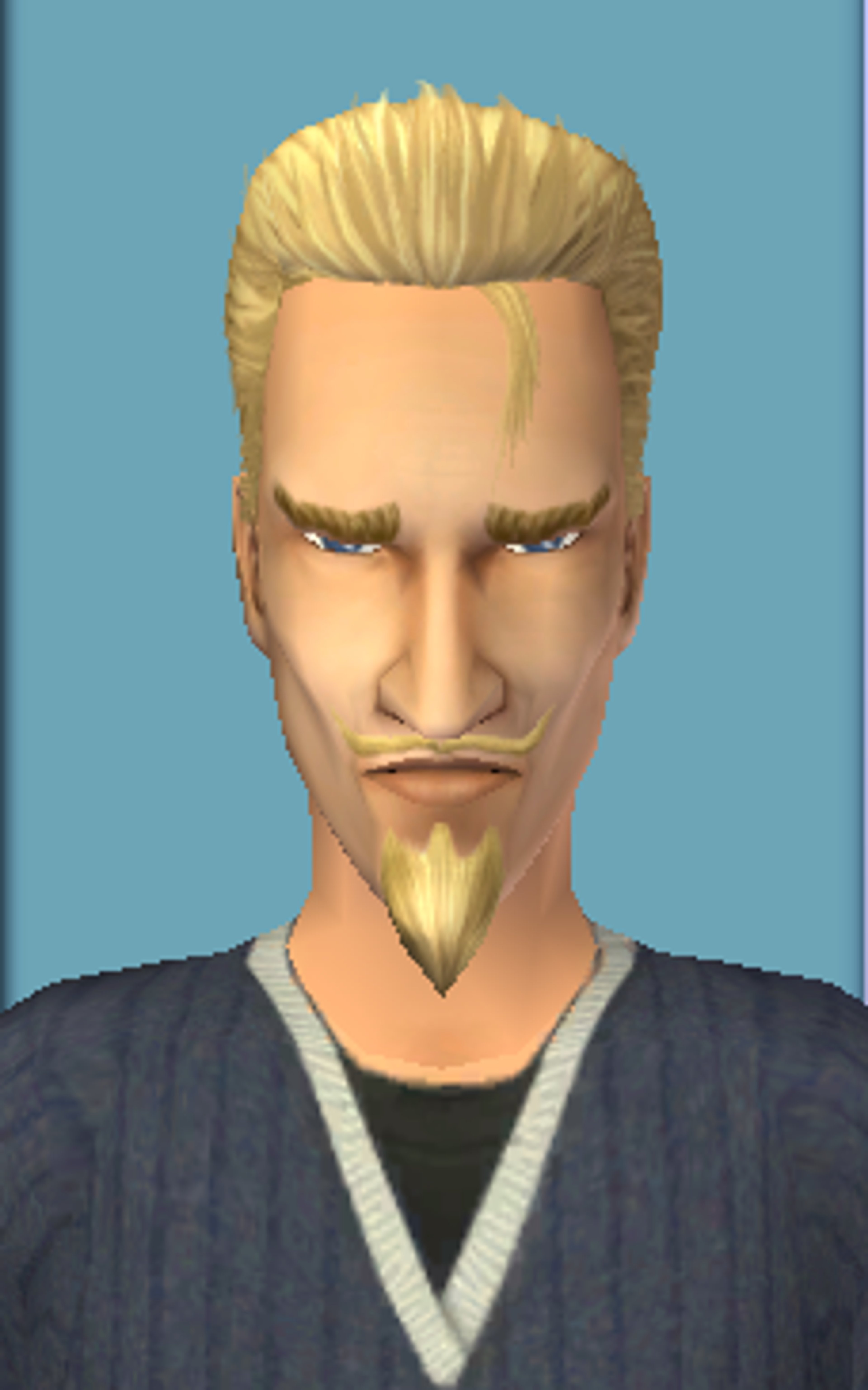 A male character with sharp facial features, blonde spiky hair, and an intense expression