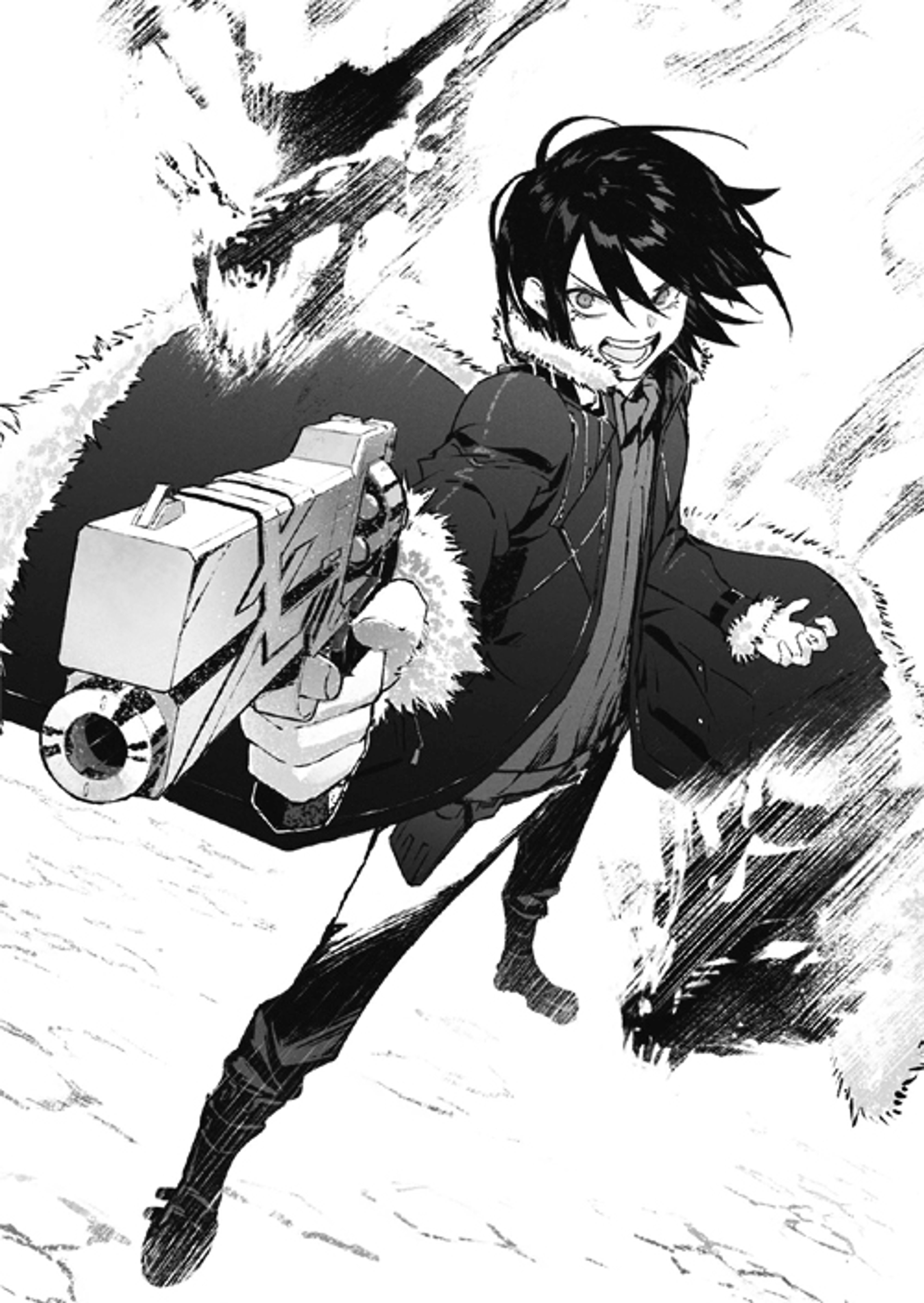 A young man with dark hair in a snowy environment, holding a weapon or tool.
