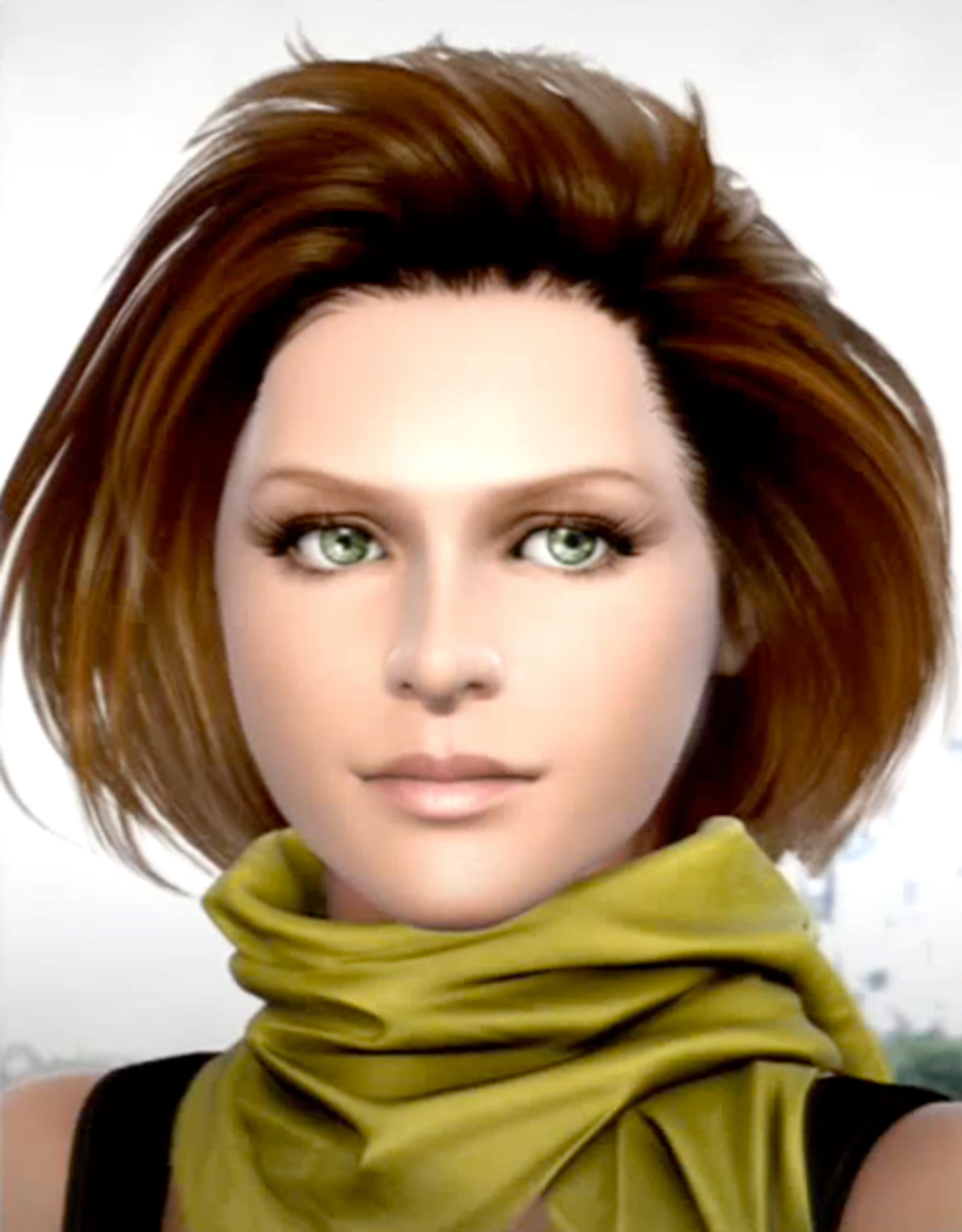 A woman with long brown hair and green eyes wearing a green scarf