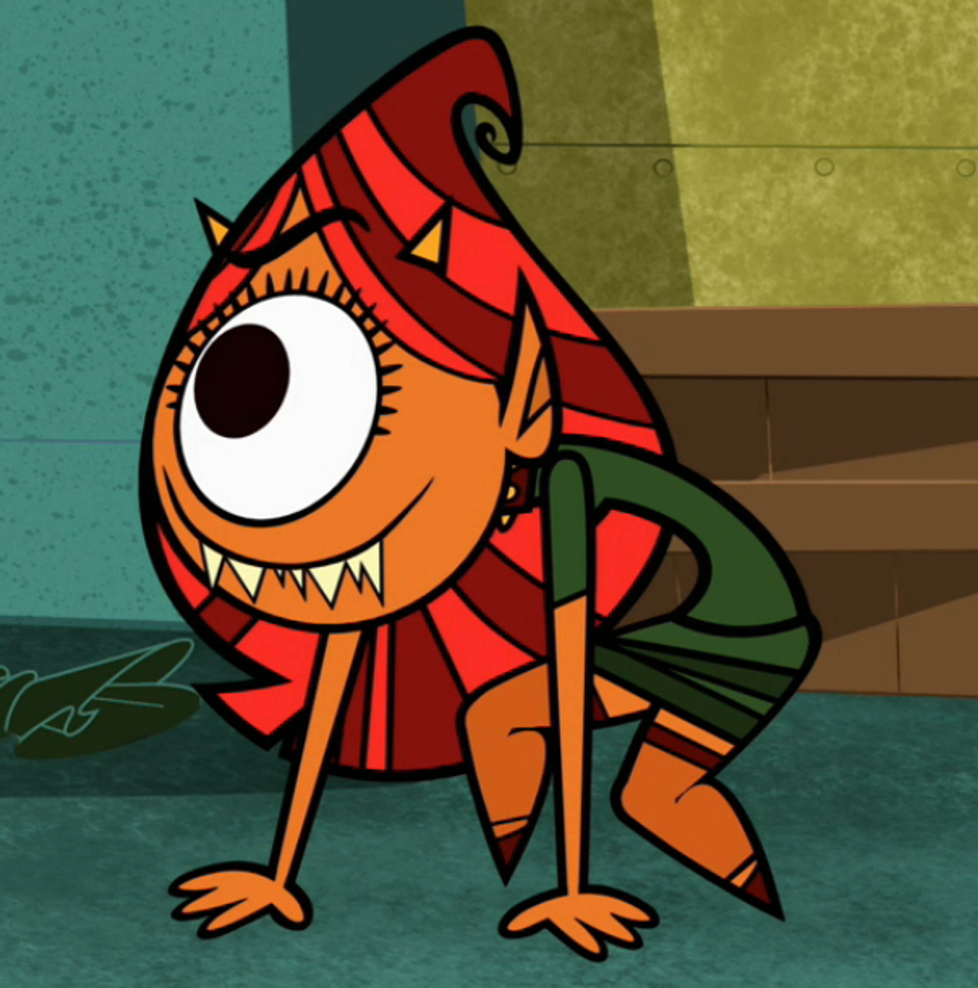 A one-eyed cyclops-like creature with pink skin, sharp teeth, and a purple dress