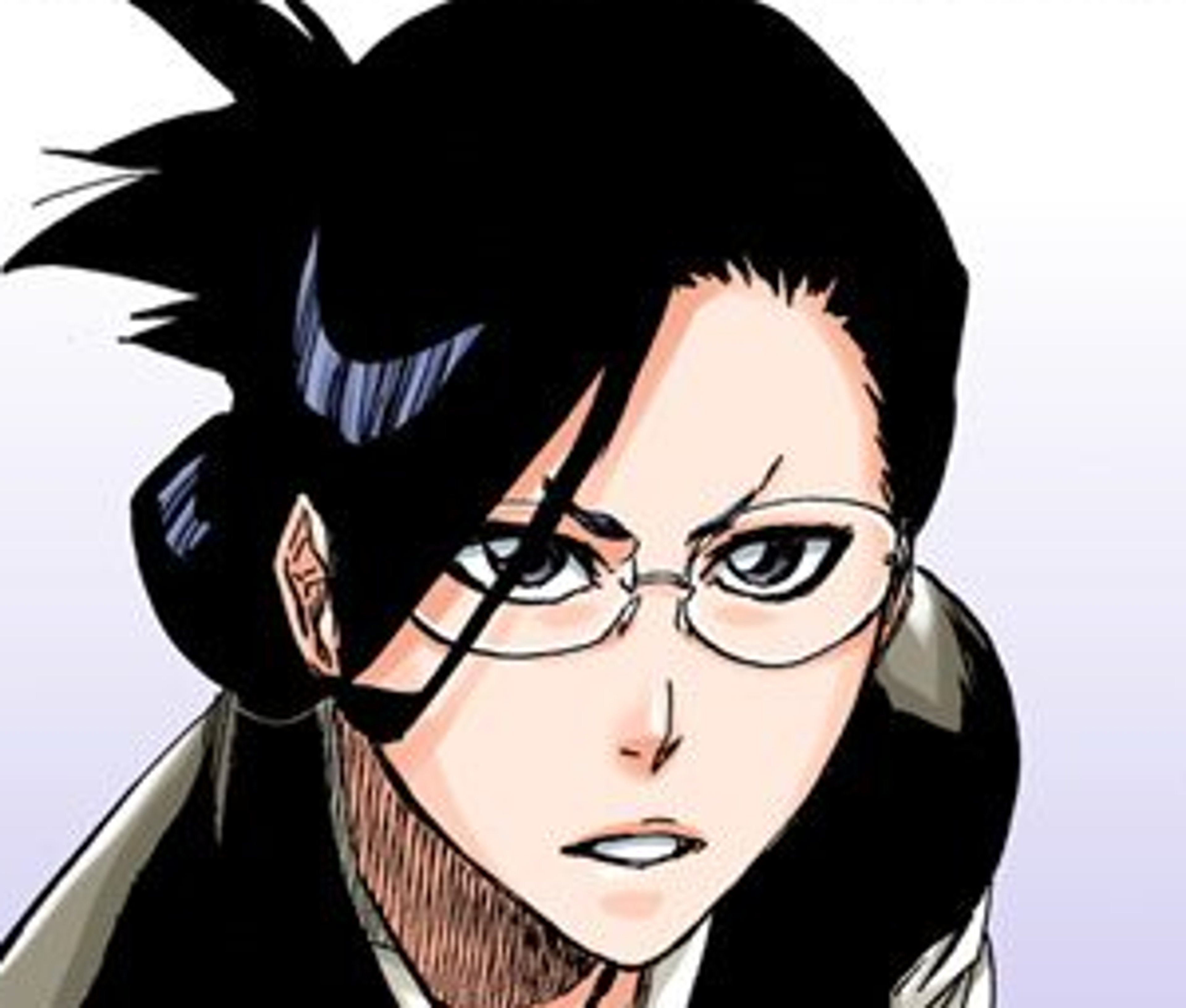 A character with short dark hair and glasses wearing a black uniform, with a serious expression on their face.