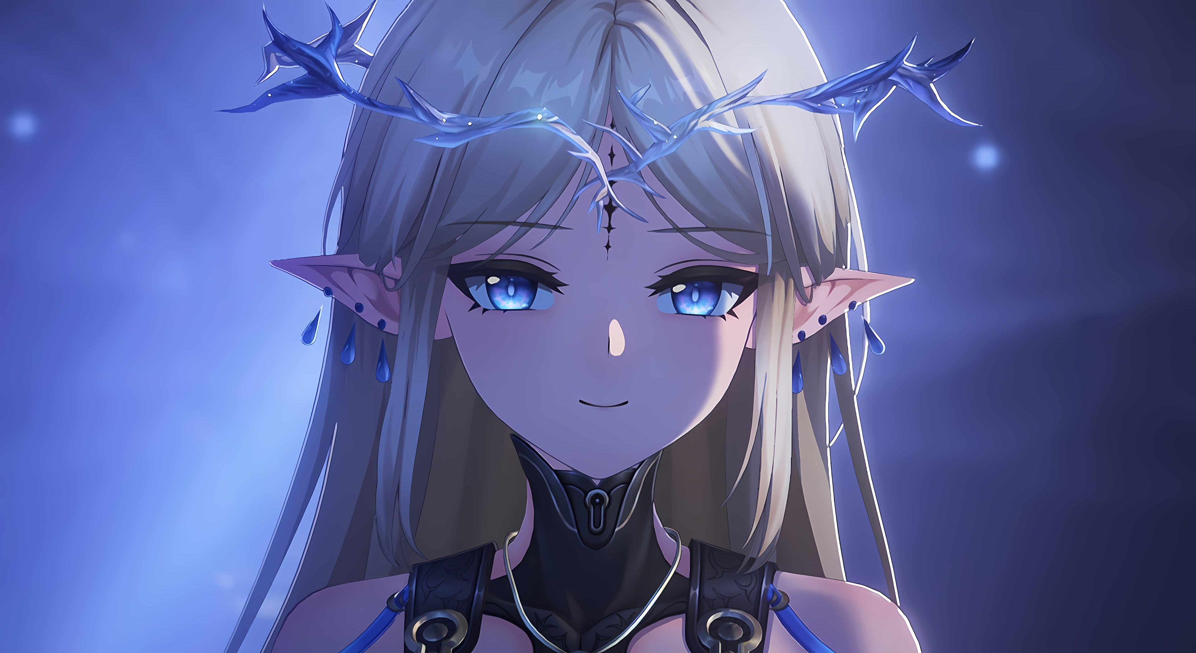 A young woman with pale blonde hair and blue eyes, wearing a dark outfit and a crown-like headpiece.