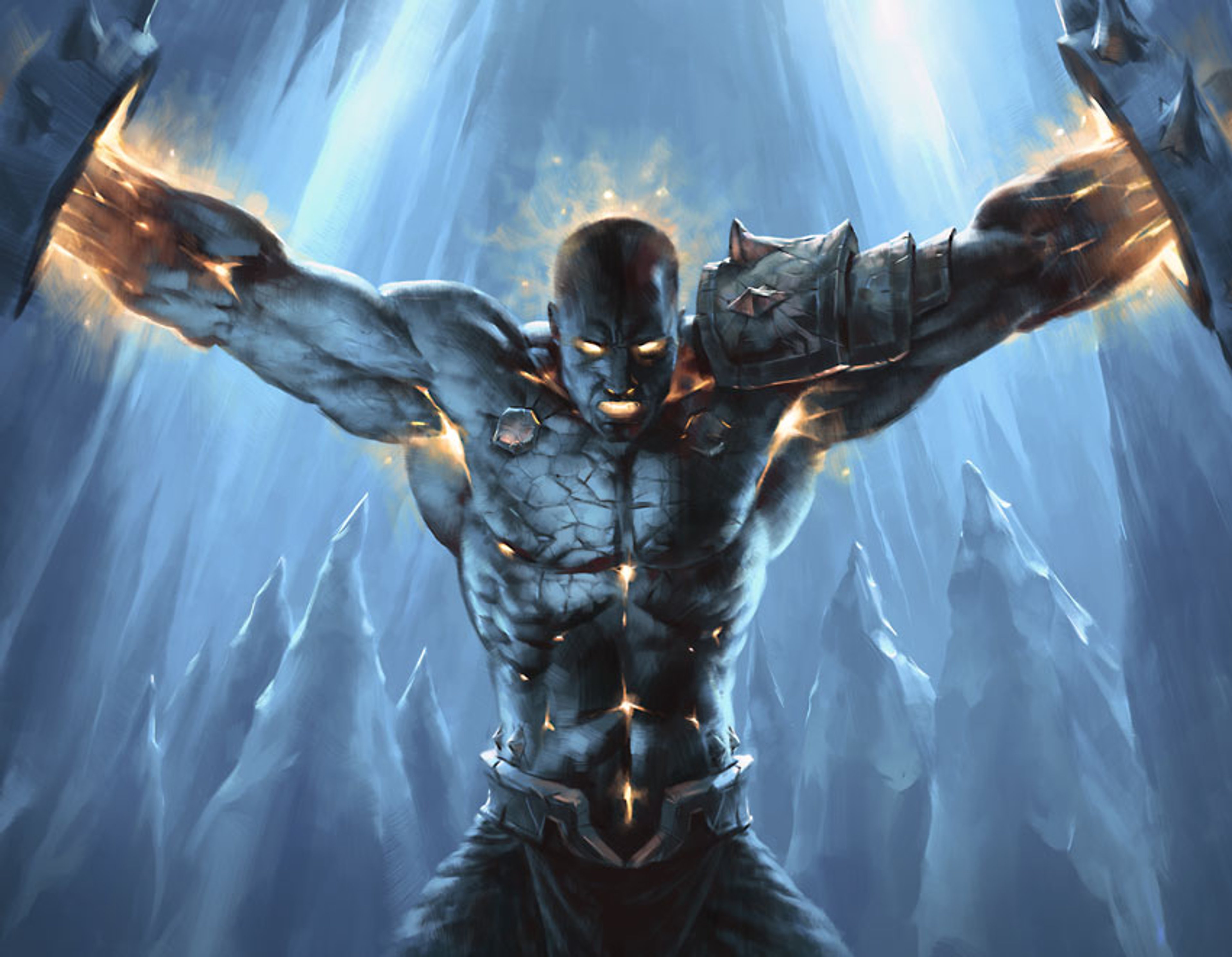 A heavily armored, scarred male figure surrounded by a dramatic, glowing aura