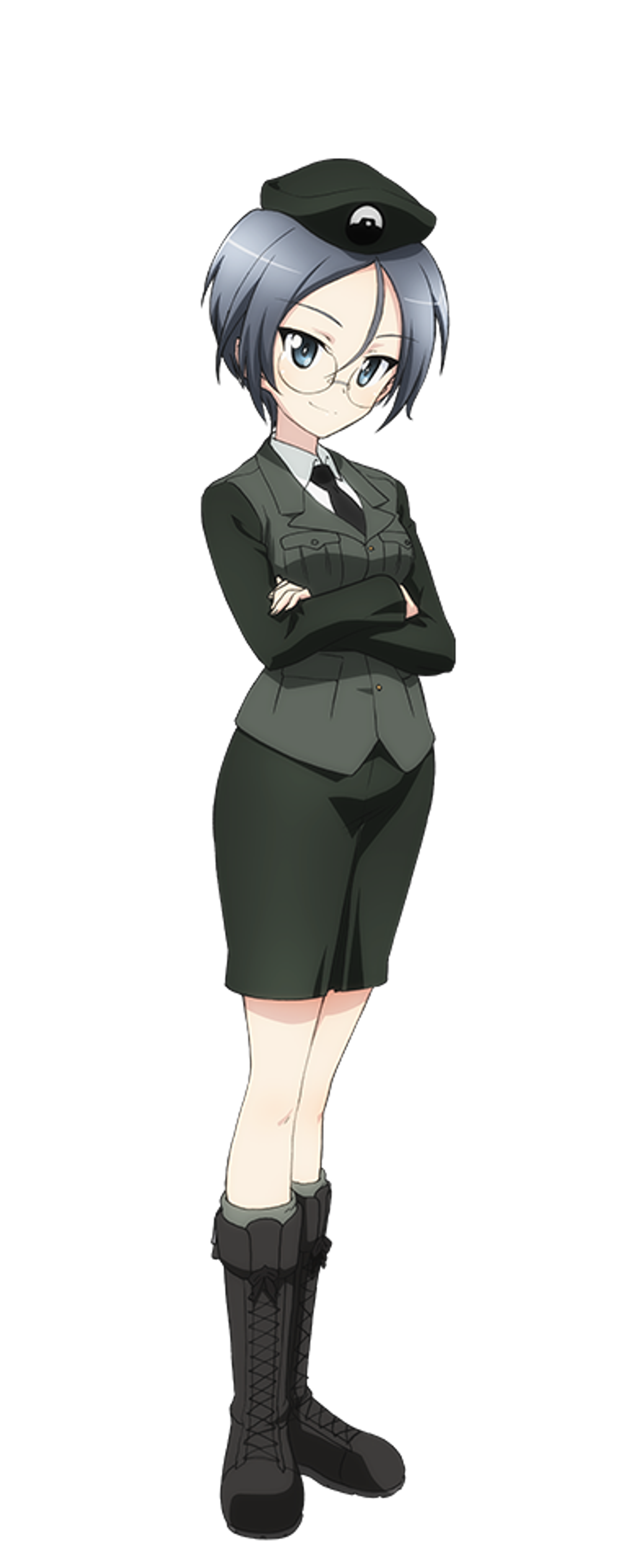 A young woman in a military uniform with a serious expression