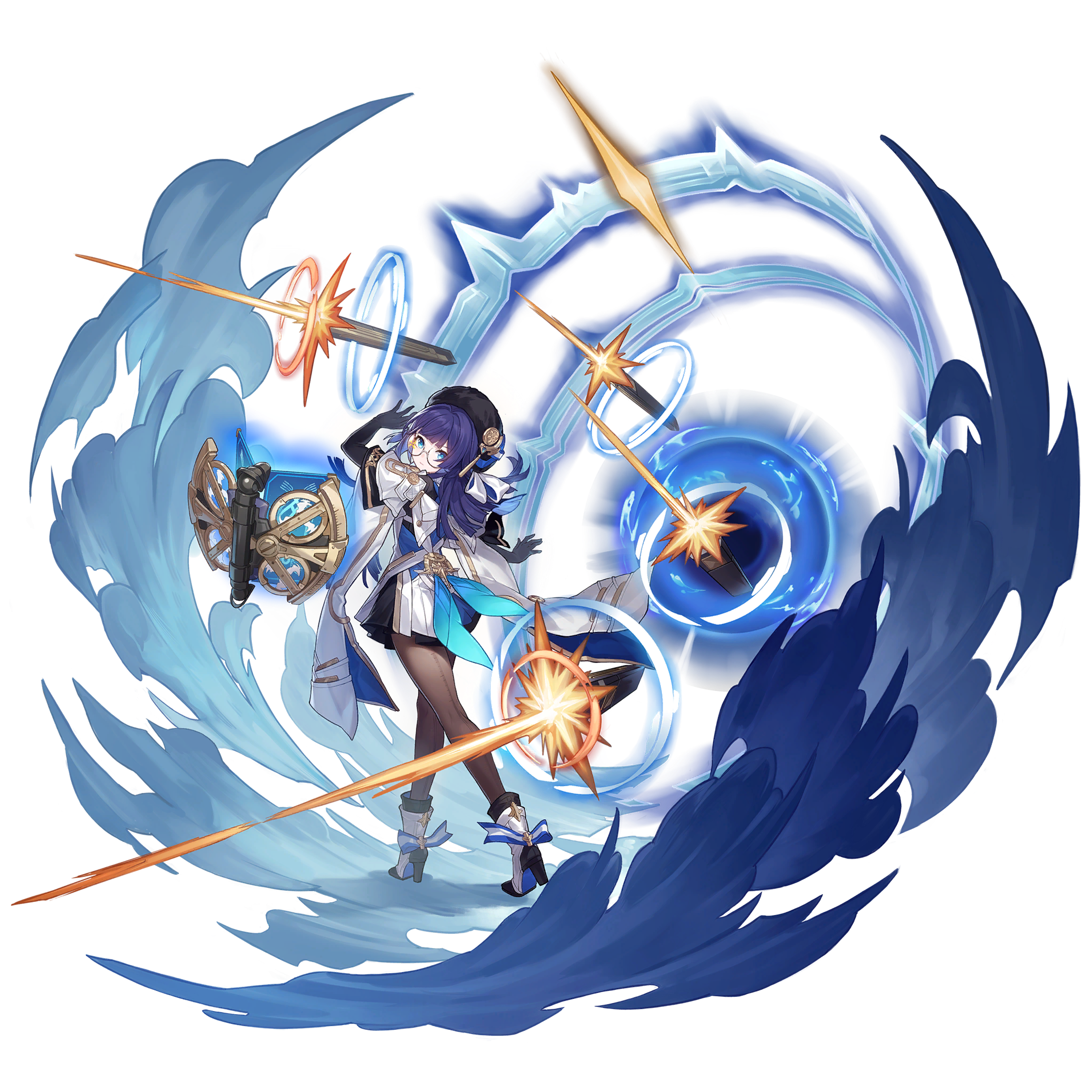 A young woman in a blue and white outfit wielding an energy weapon or device against a swirling, abstract background.