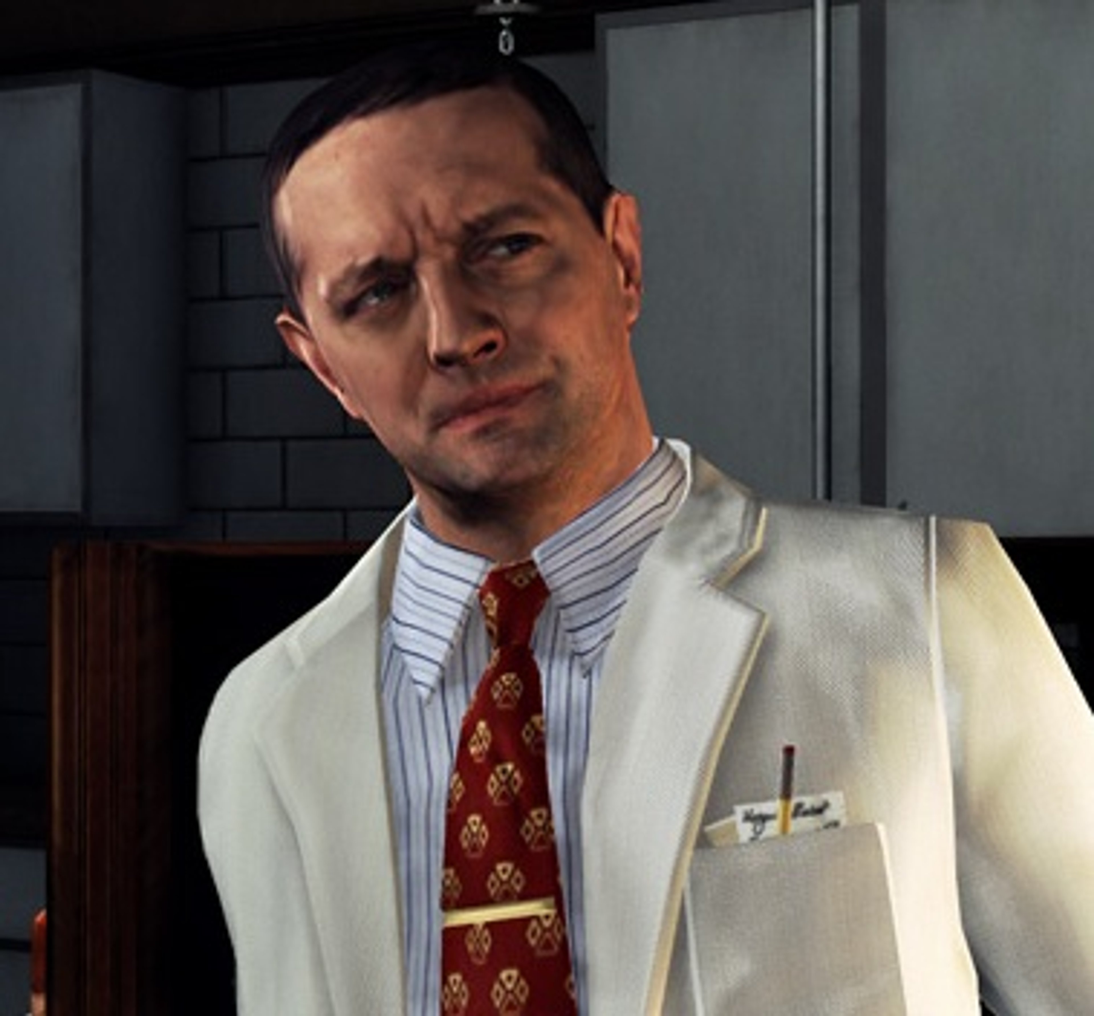 A middle-aged man in a white lab coat and tie, with a serious expression, standing in what appears to be a police station or laboratory setting.