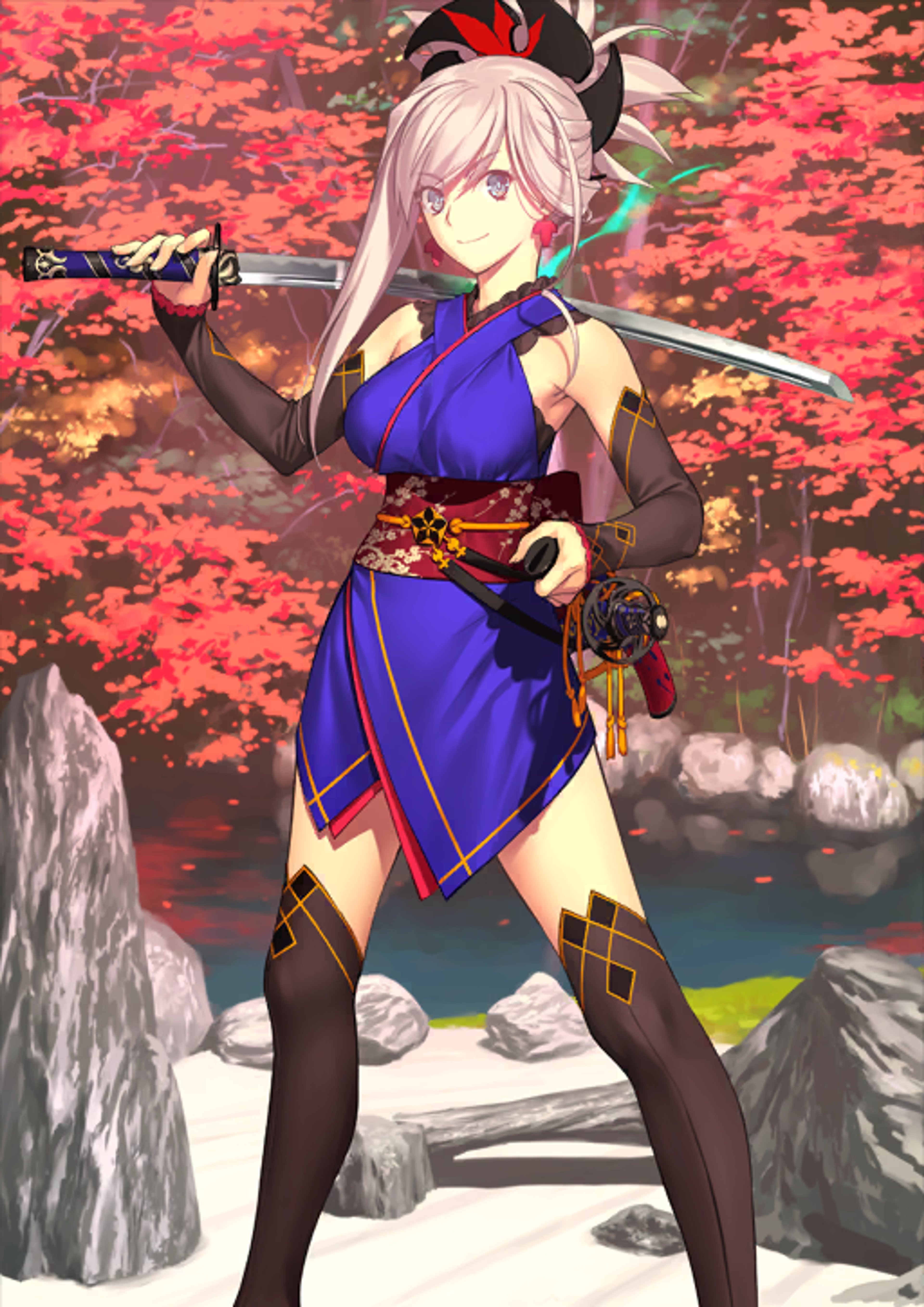 A female anime-style character with white hair and a traditional Japanese outfit, holding two swords in a forest setting.
