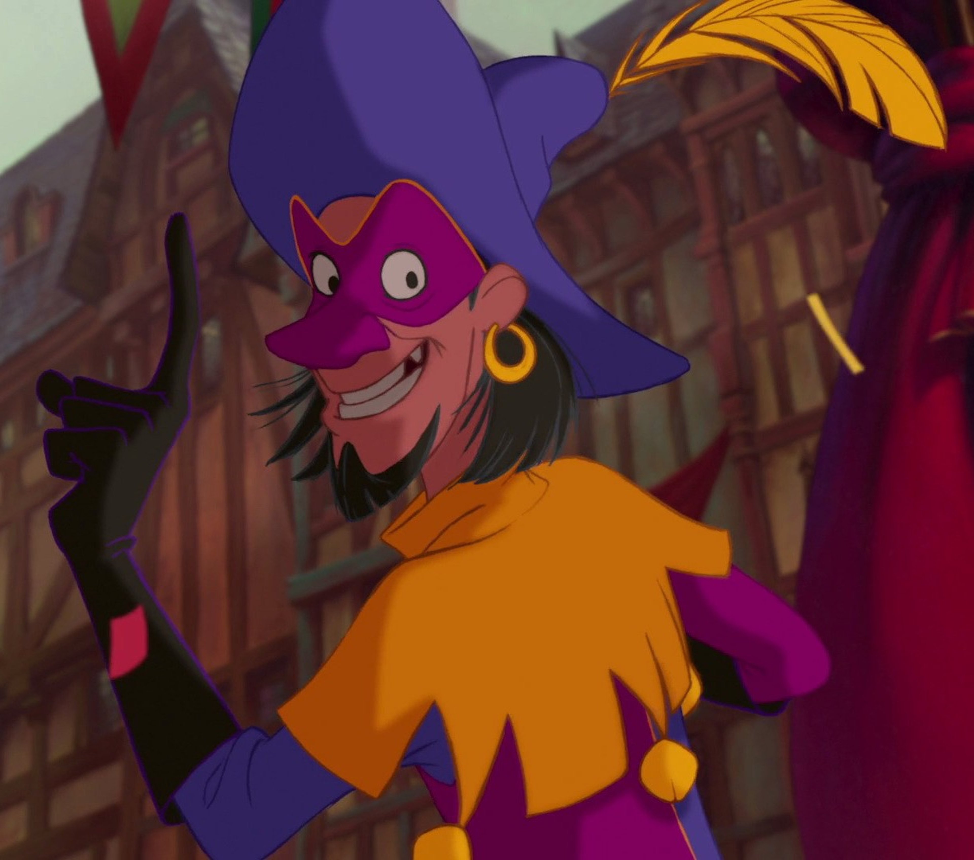 An animated character with a colorful, jester-like appearance