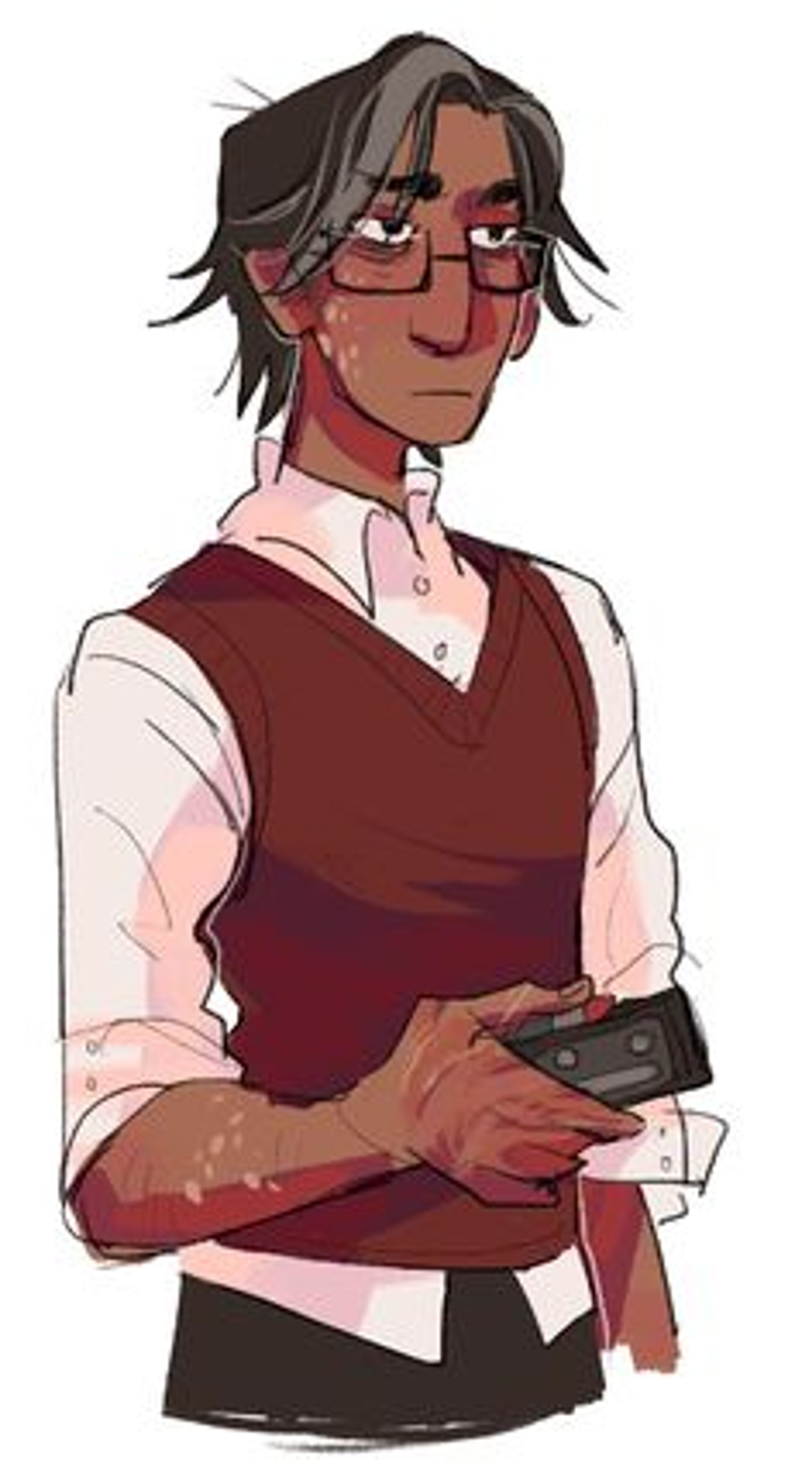 A young man with dark hair and glasses, wearing a red vest, holding an electronic device.
