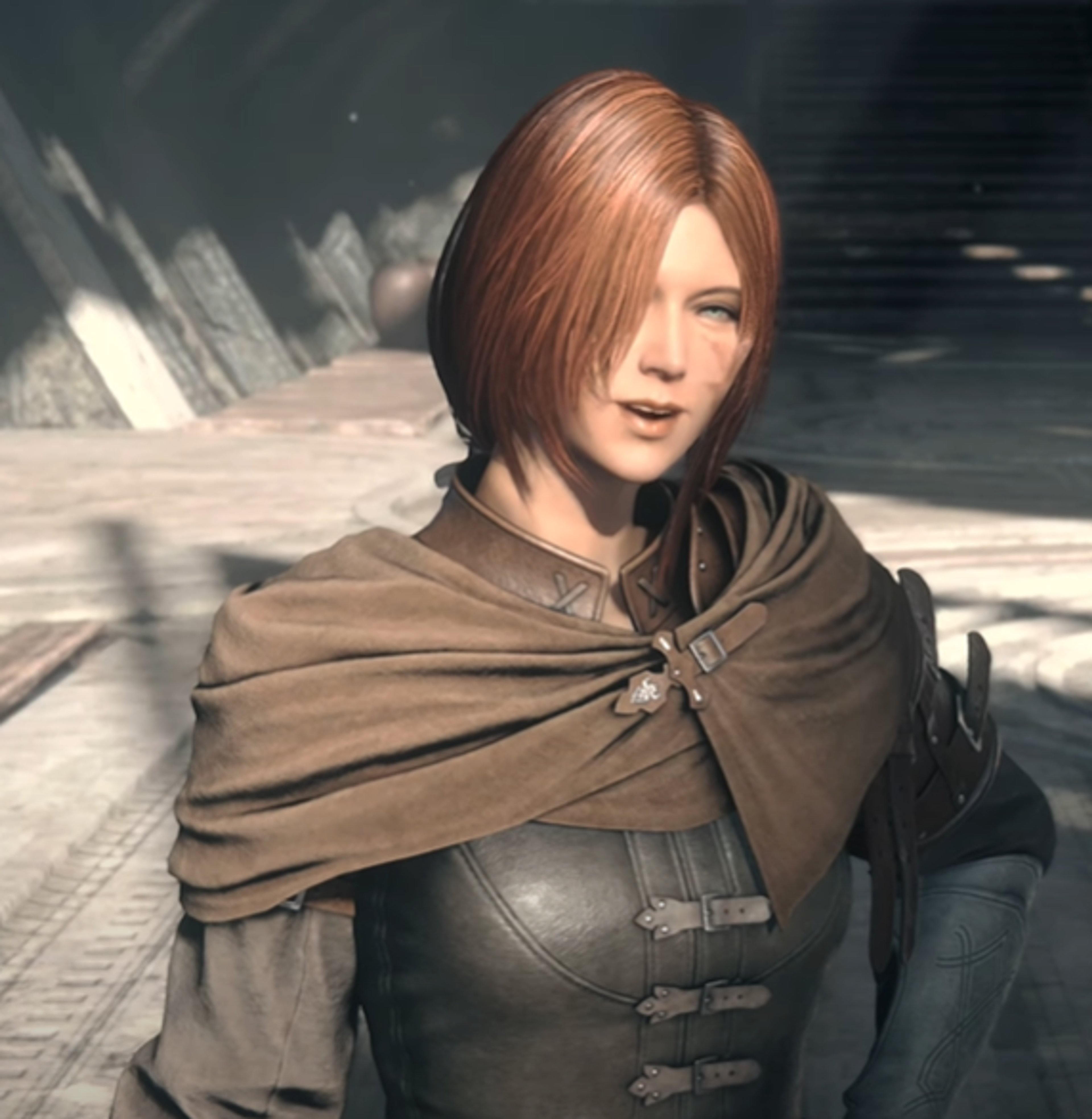 A woman with a scar on her cheek wearing a hooded cloak