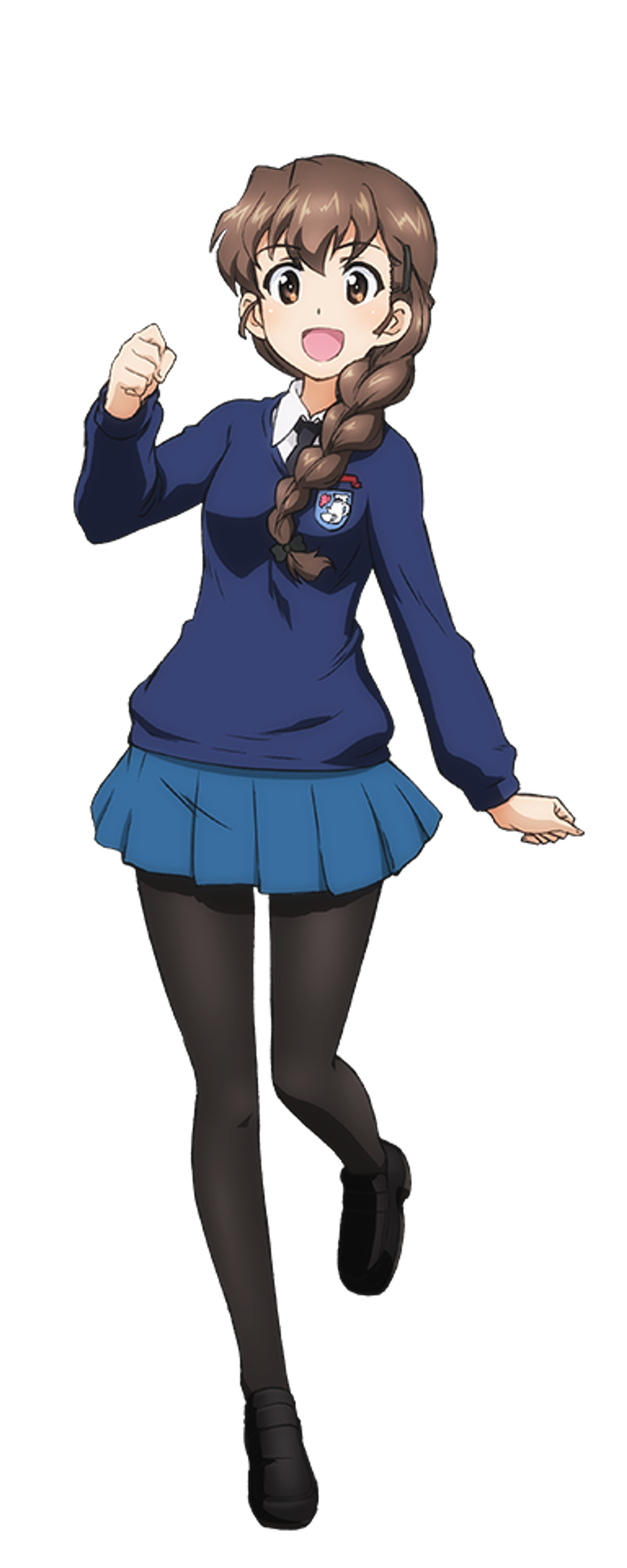 An anime-style character with brown hair in a braid, wearing a blue school uniform.