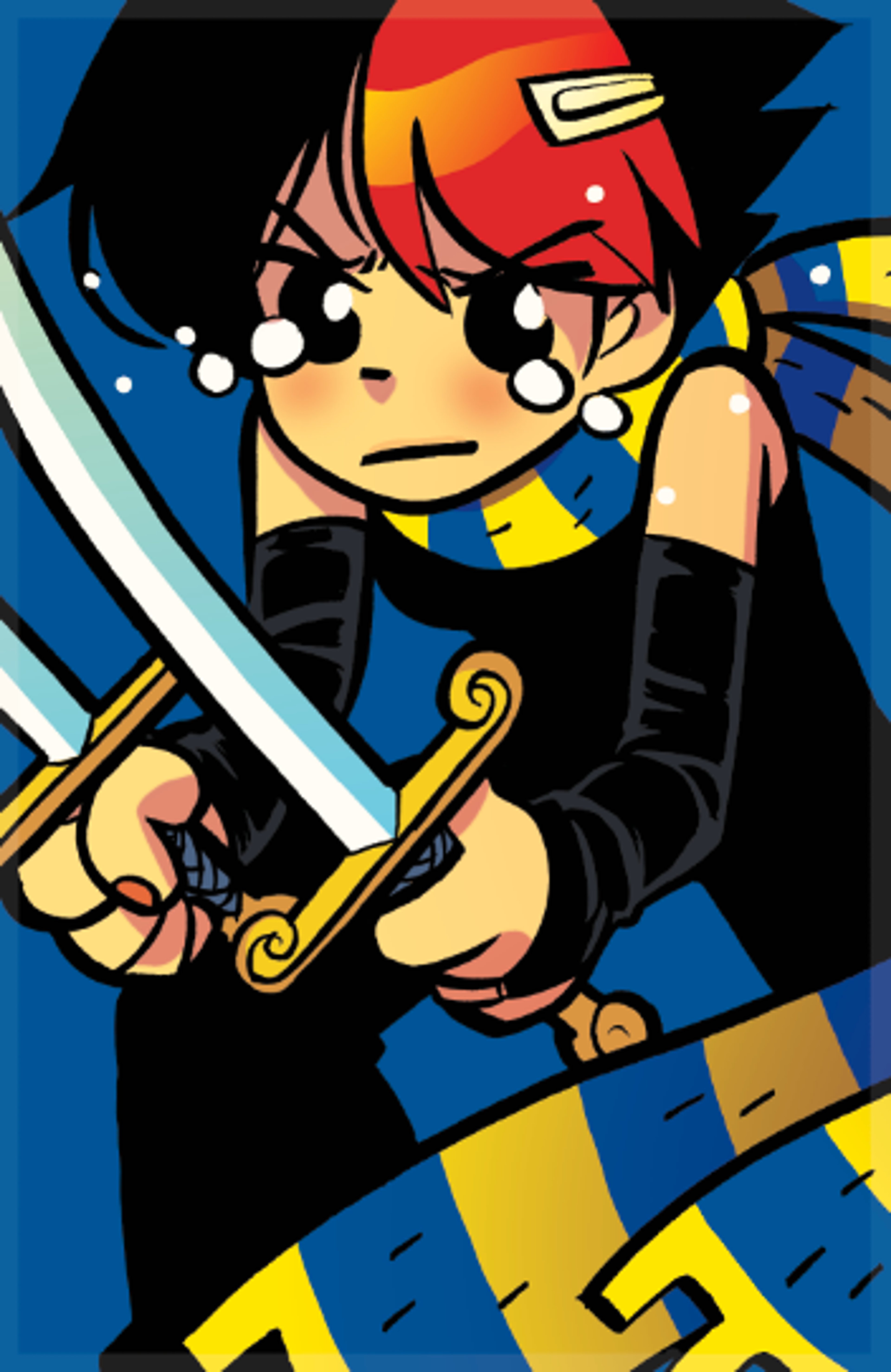 An anime-style character with red hair and a black and yellow outfit, holding a sword or weapon.