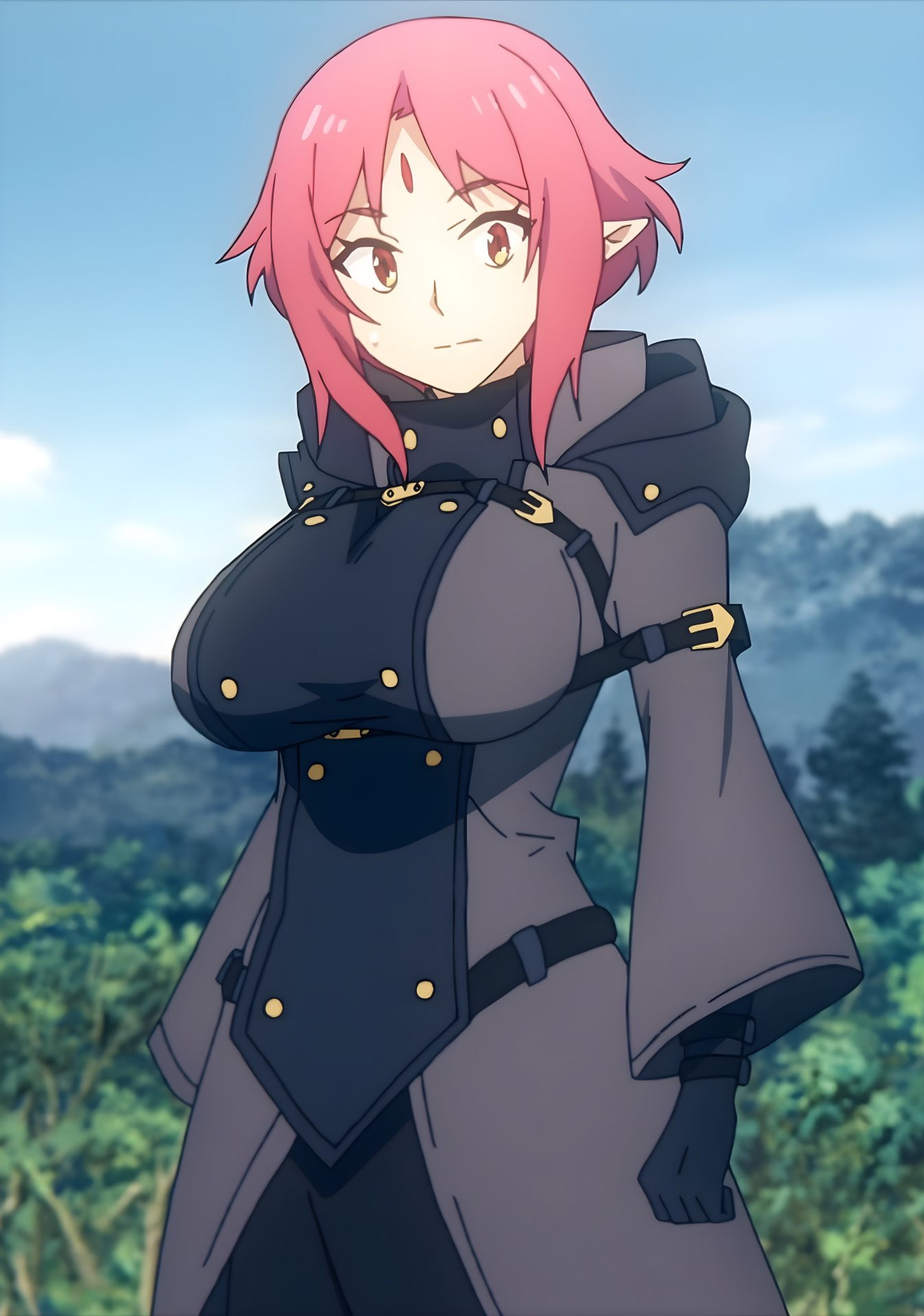 A young woman with pink hair and yellow eyes wearing a dark military uniform