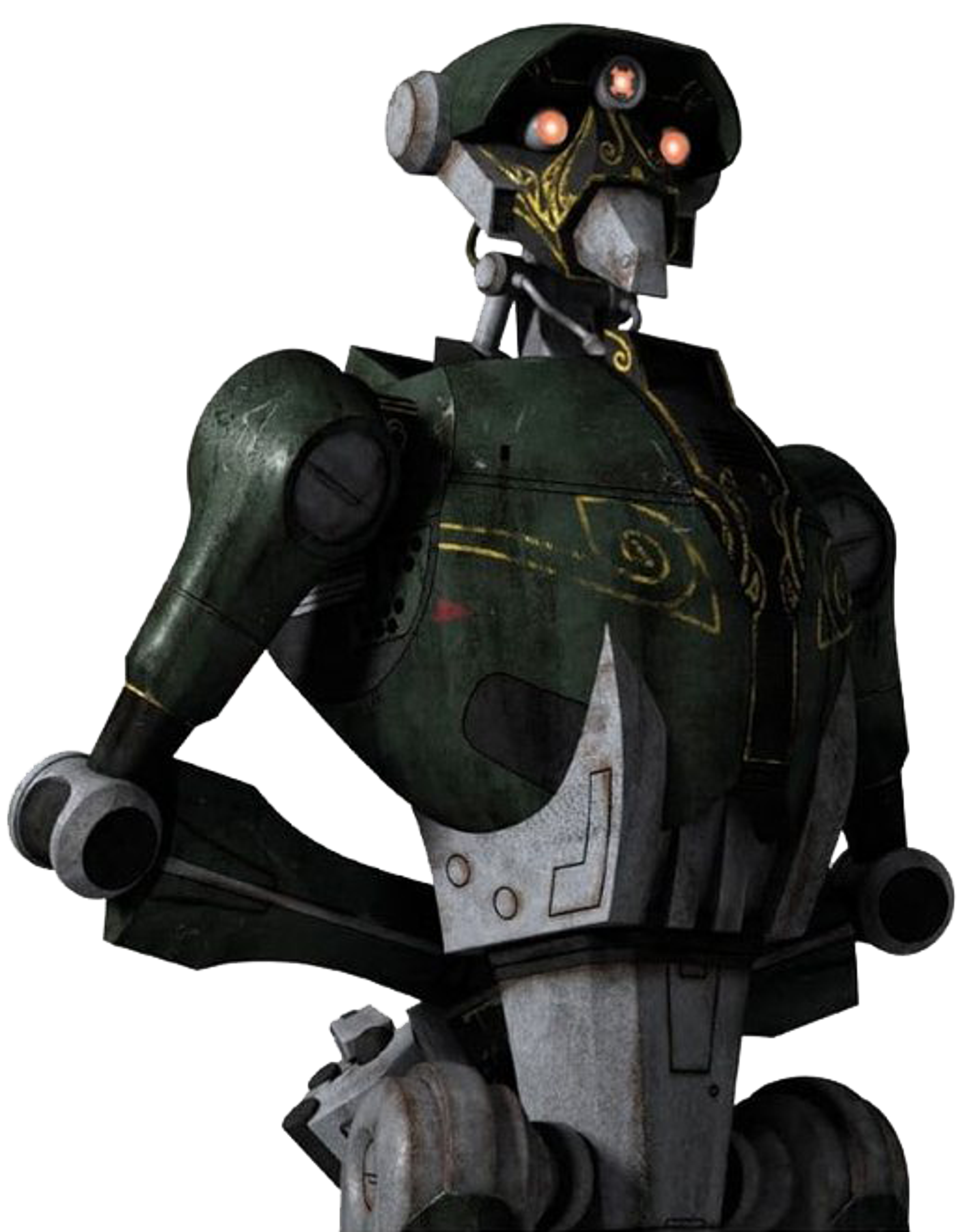 A detailed robotic character with a green and gray color scheme, a large angular head, and a heavily armored body.