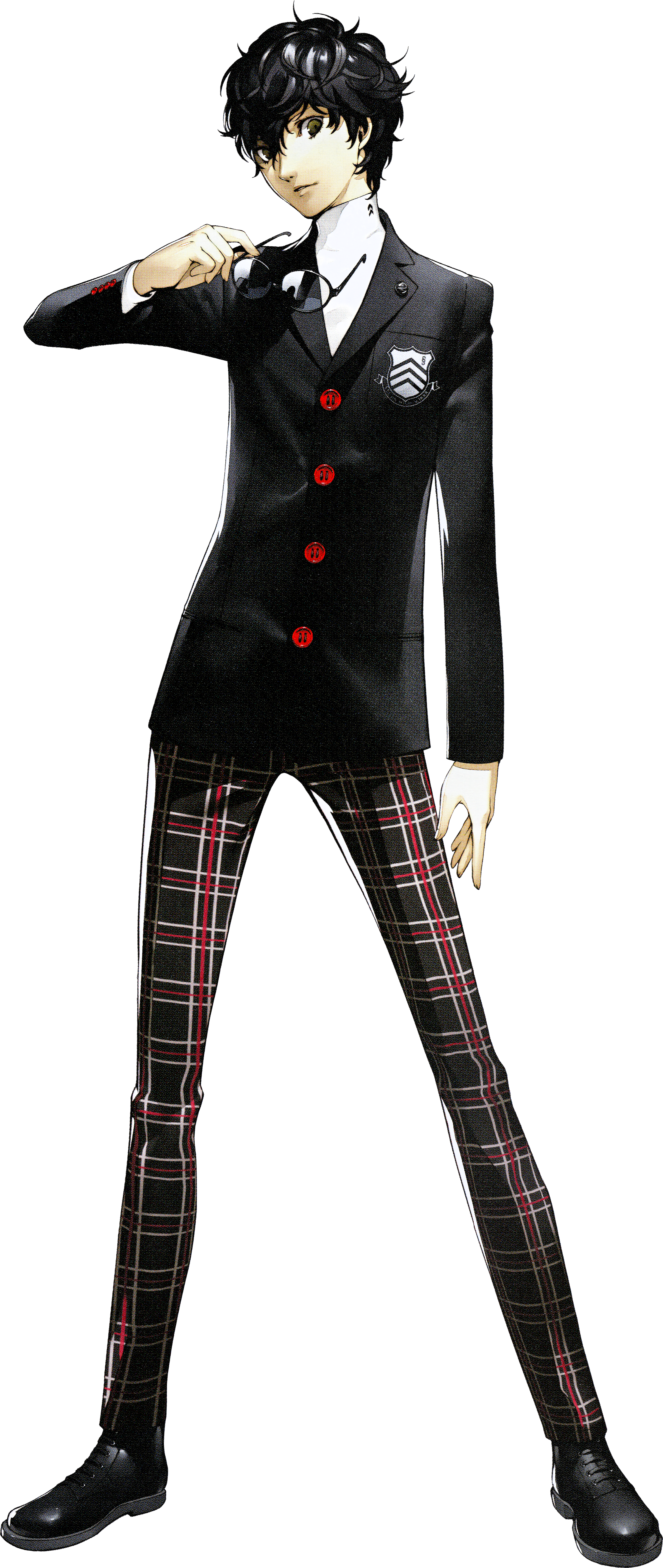 A young male character in a black school uniform with red plaid accents, standing in a confident pose.