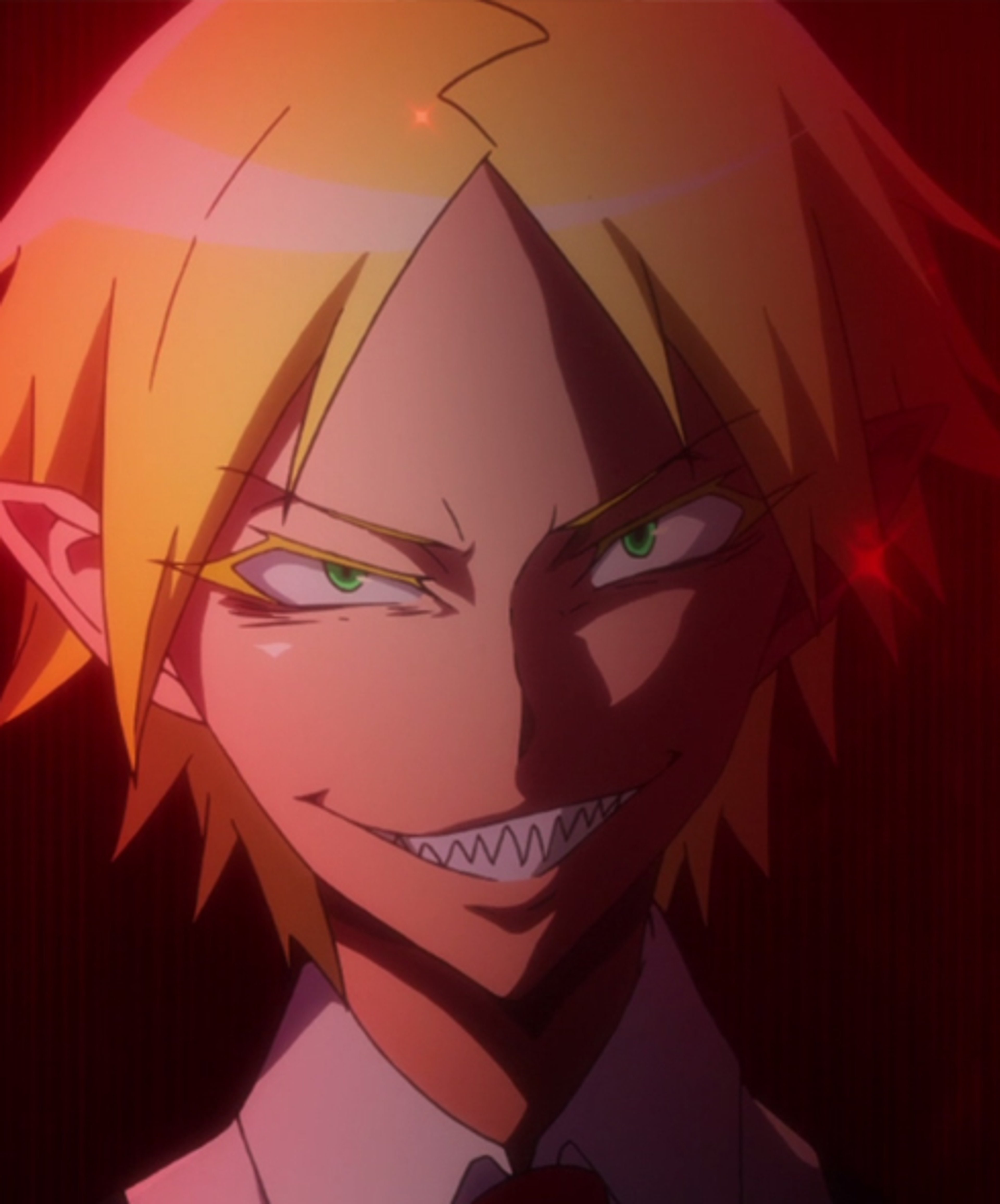 A close-up of an anime character with spiky orange hair and a mischievous expression