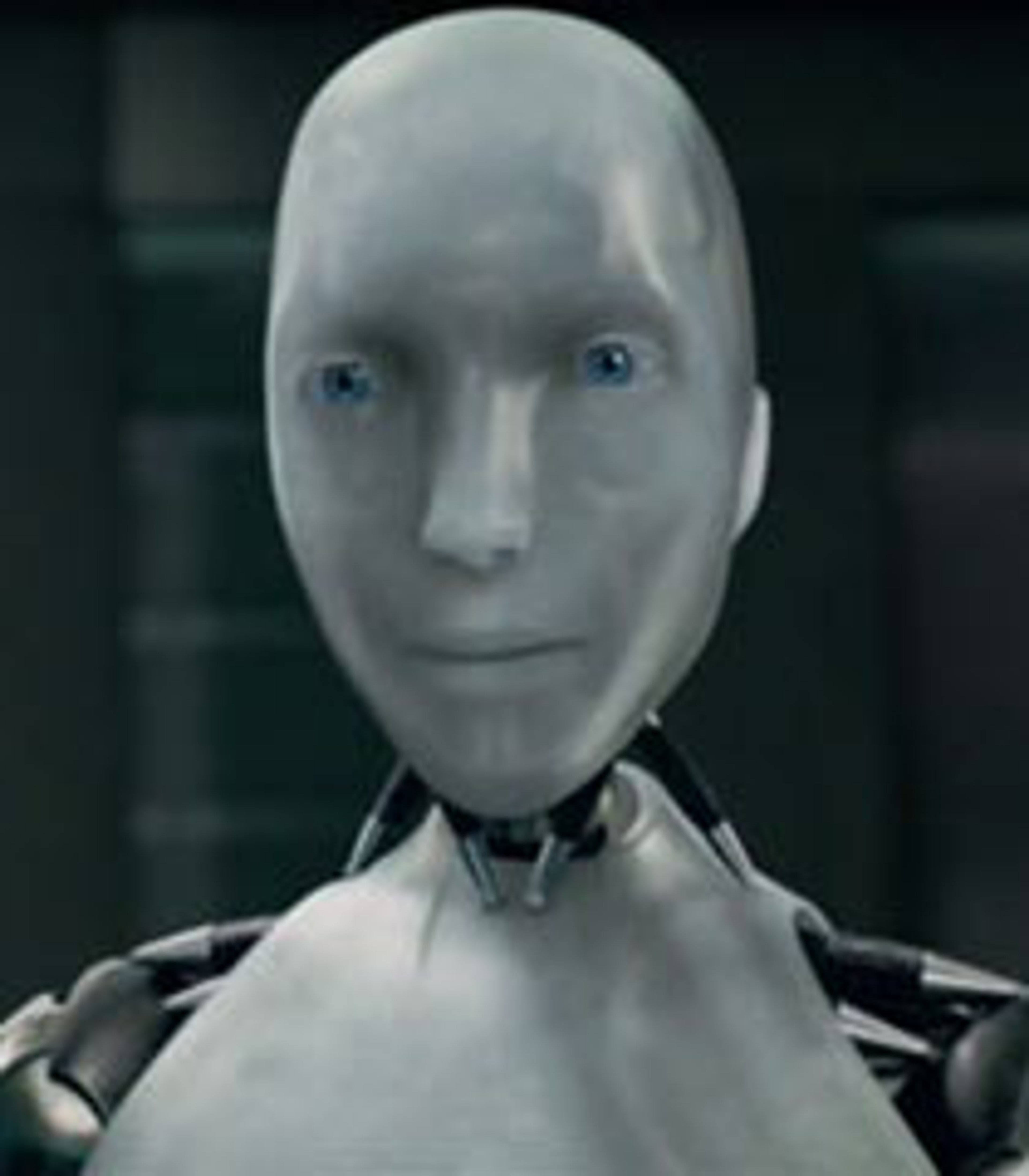 A close-up of a humanoid robot with a pale gray face and blue eyes