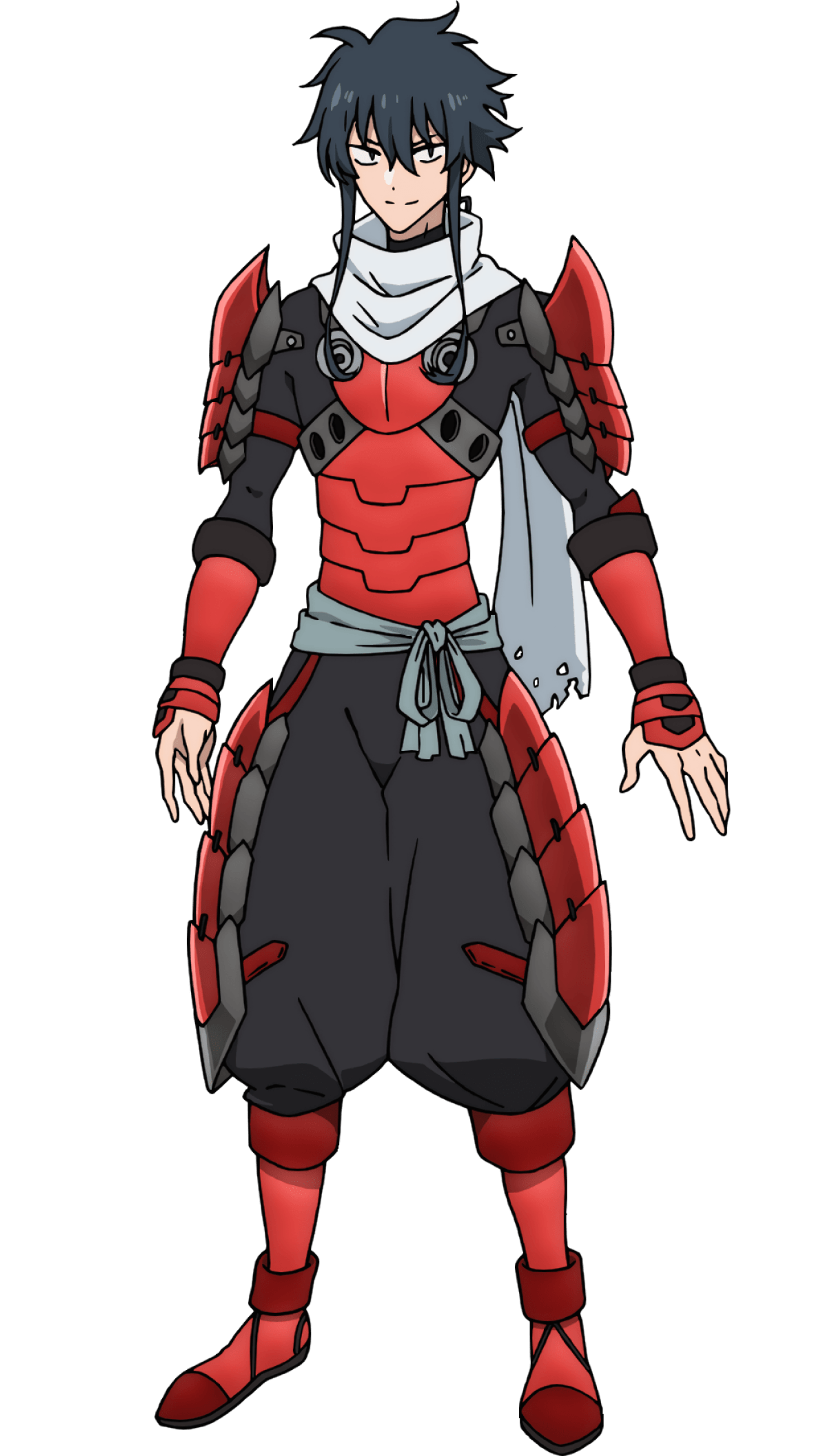 An anime-style character in a red and black armored outfit holding a sword