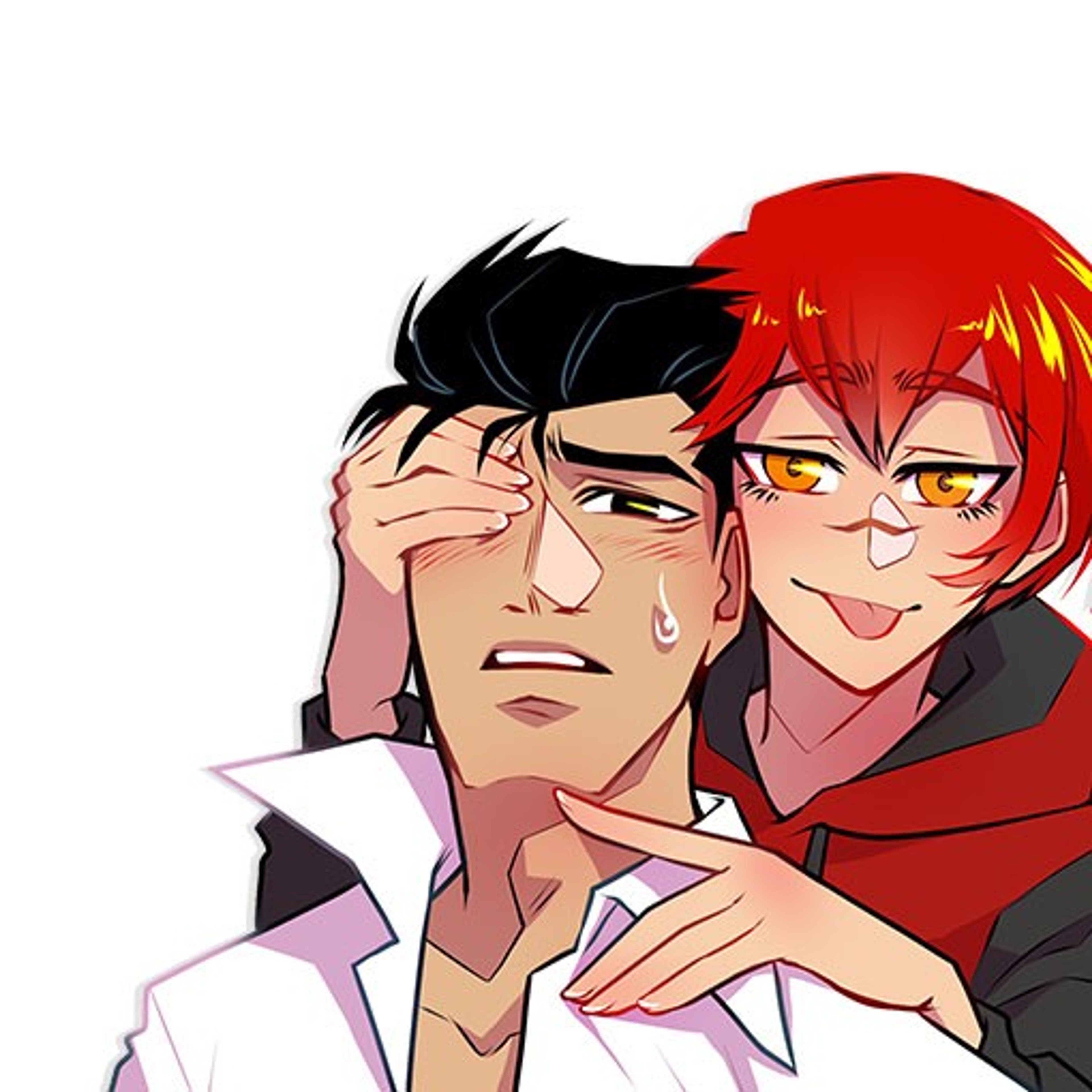 An anime-style character with red hair and glasses, wearing a dark outfit and having a serious expression.