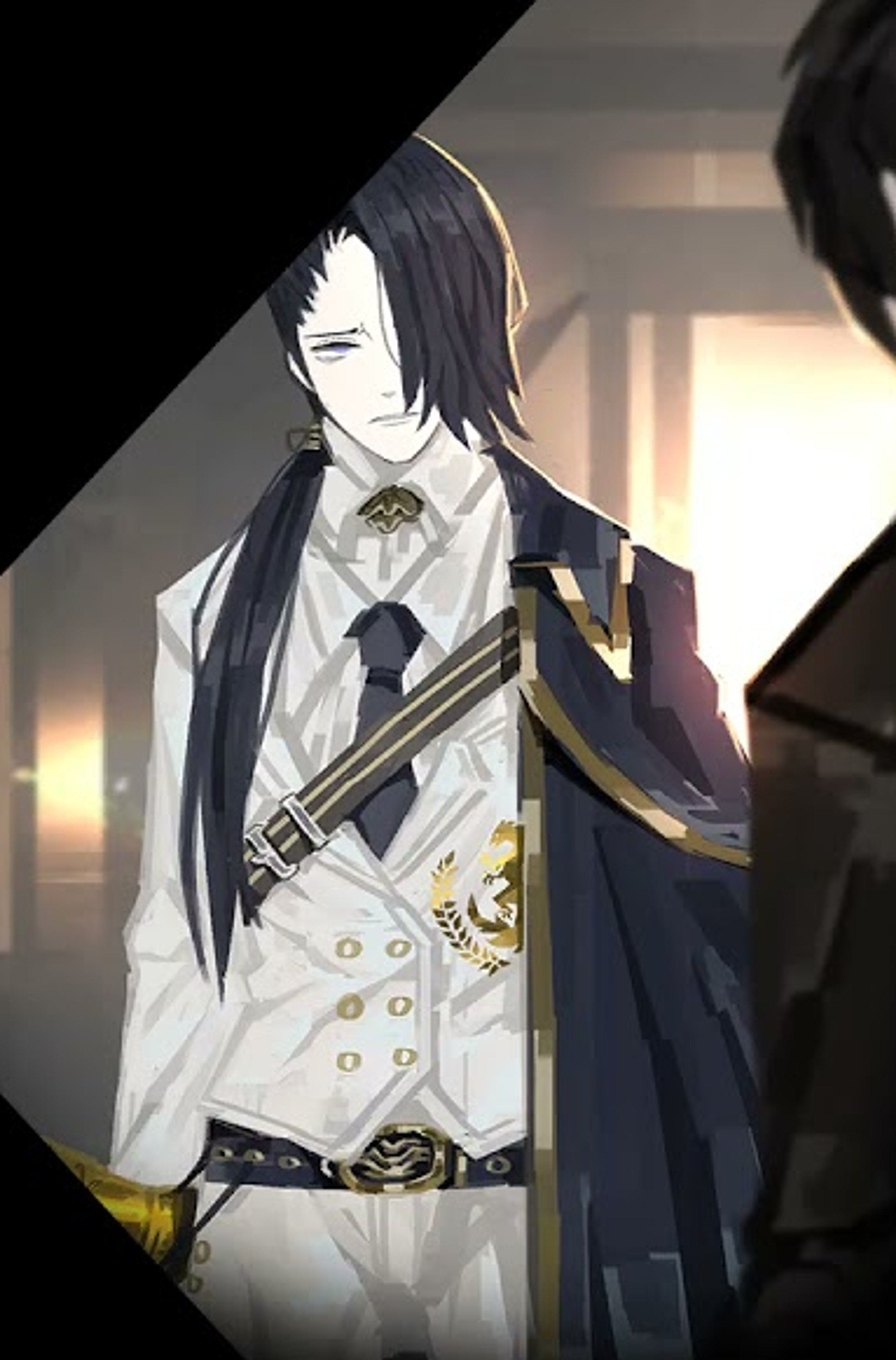 A character with long greyish-blue hair wearing a professional white suit and coat