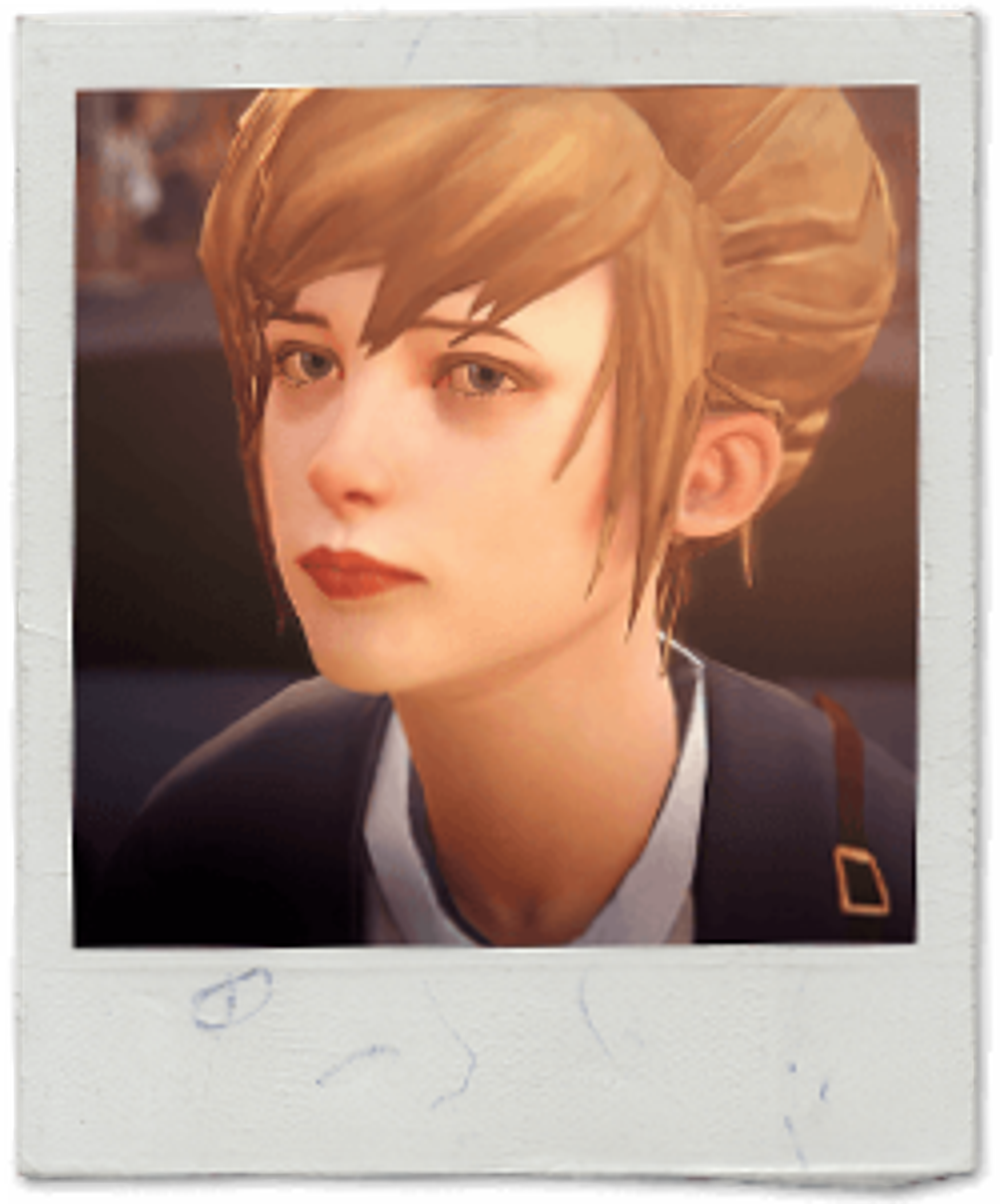 A close-up portrait of a young woman with blonde hair in a bun, wearing a dark colored shirt or jacket.