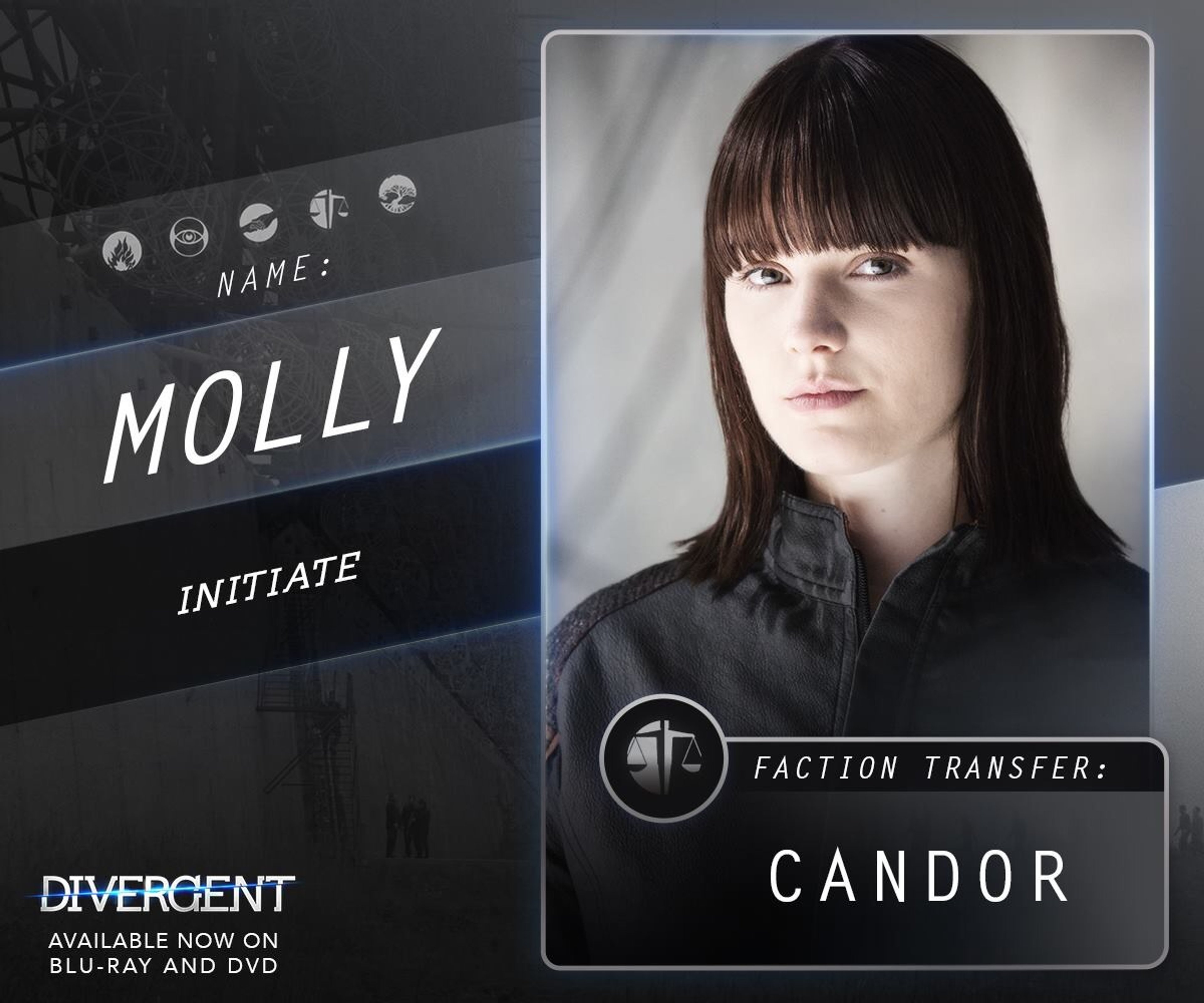 A portrait of a young woman with dark hair and an intense expression, identified as the Dauntless initiate character Molly Atwood.