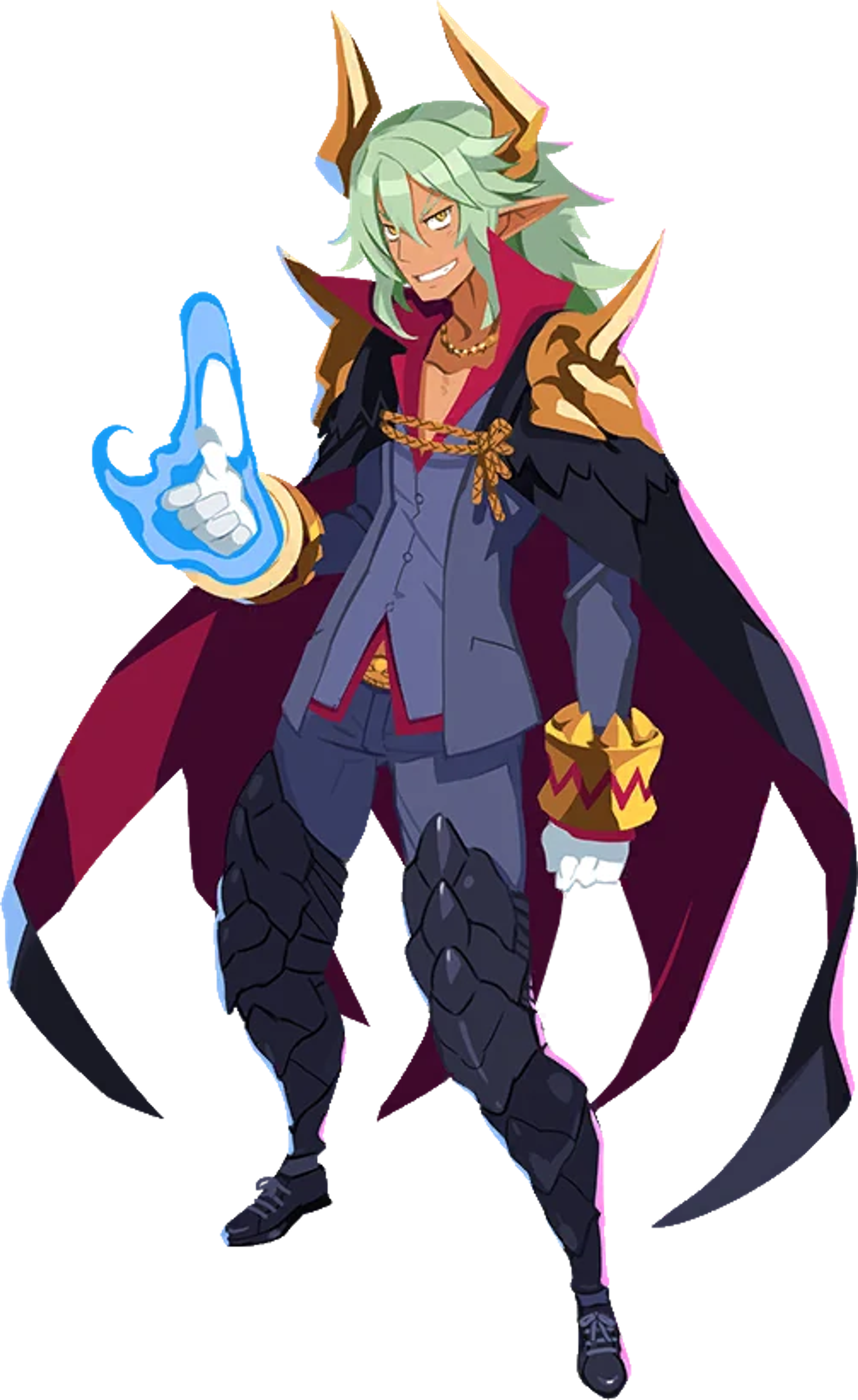 A powerful demon lord with green hair and a menacing appearance, holding a glowing blue orb.