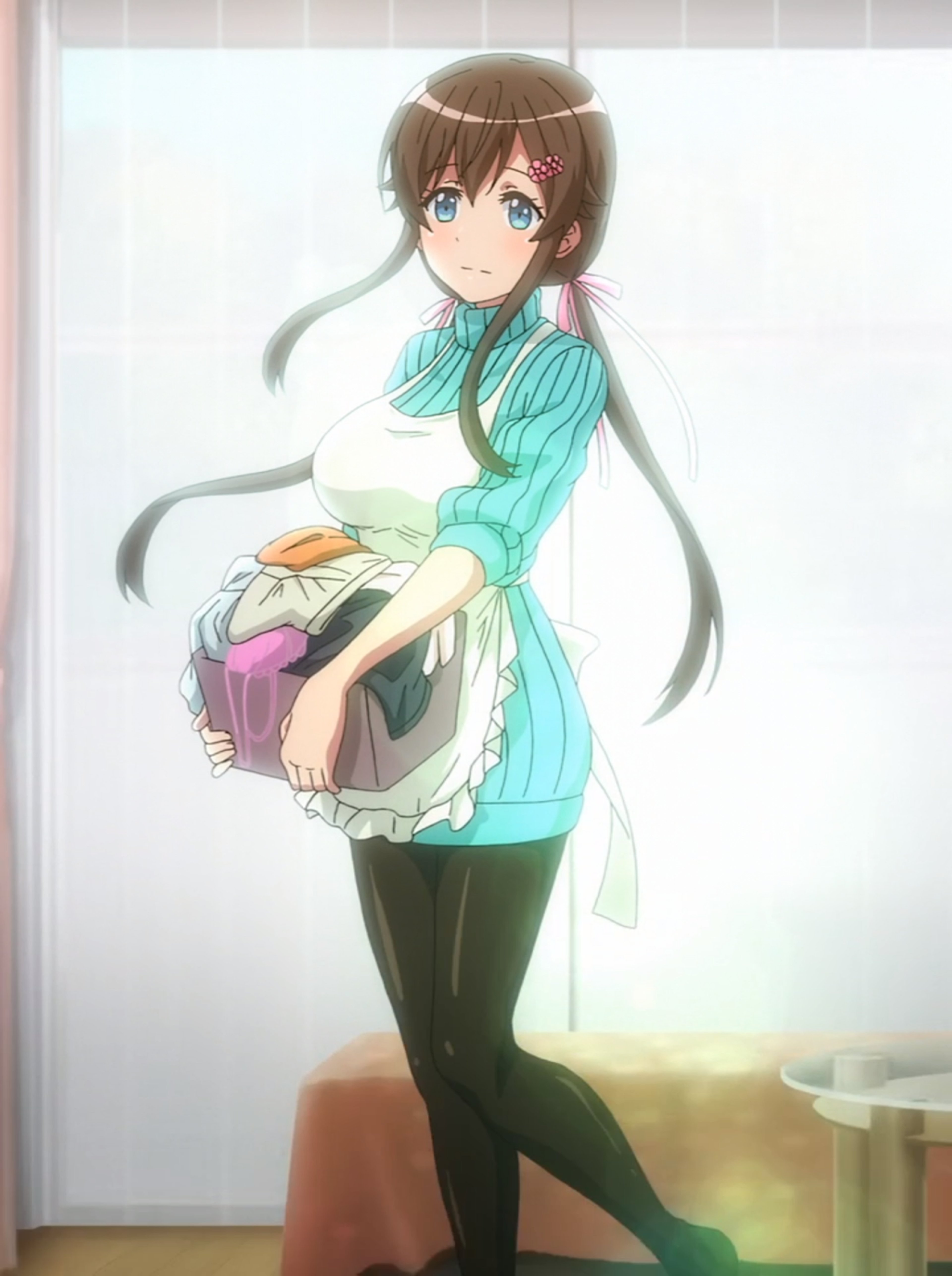 An anime-style character with light hair and large eyes wearing a light blue dress or top