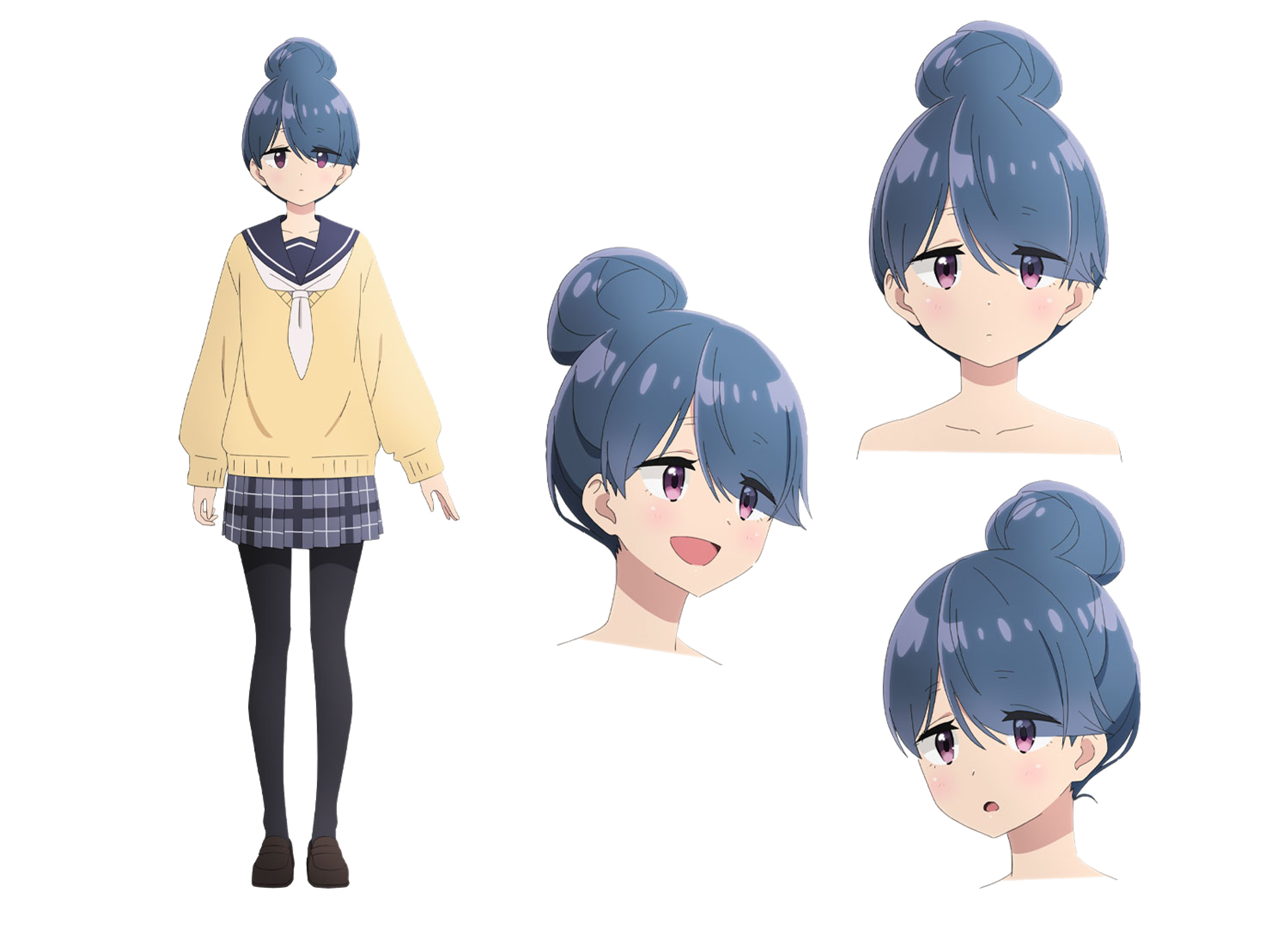 An anime-style character named Rin Shima with short, dark blue hair in a bun and wearing a yellow sweater, plaid skirt, and black stockings.