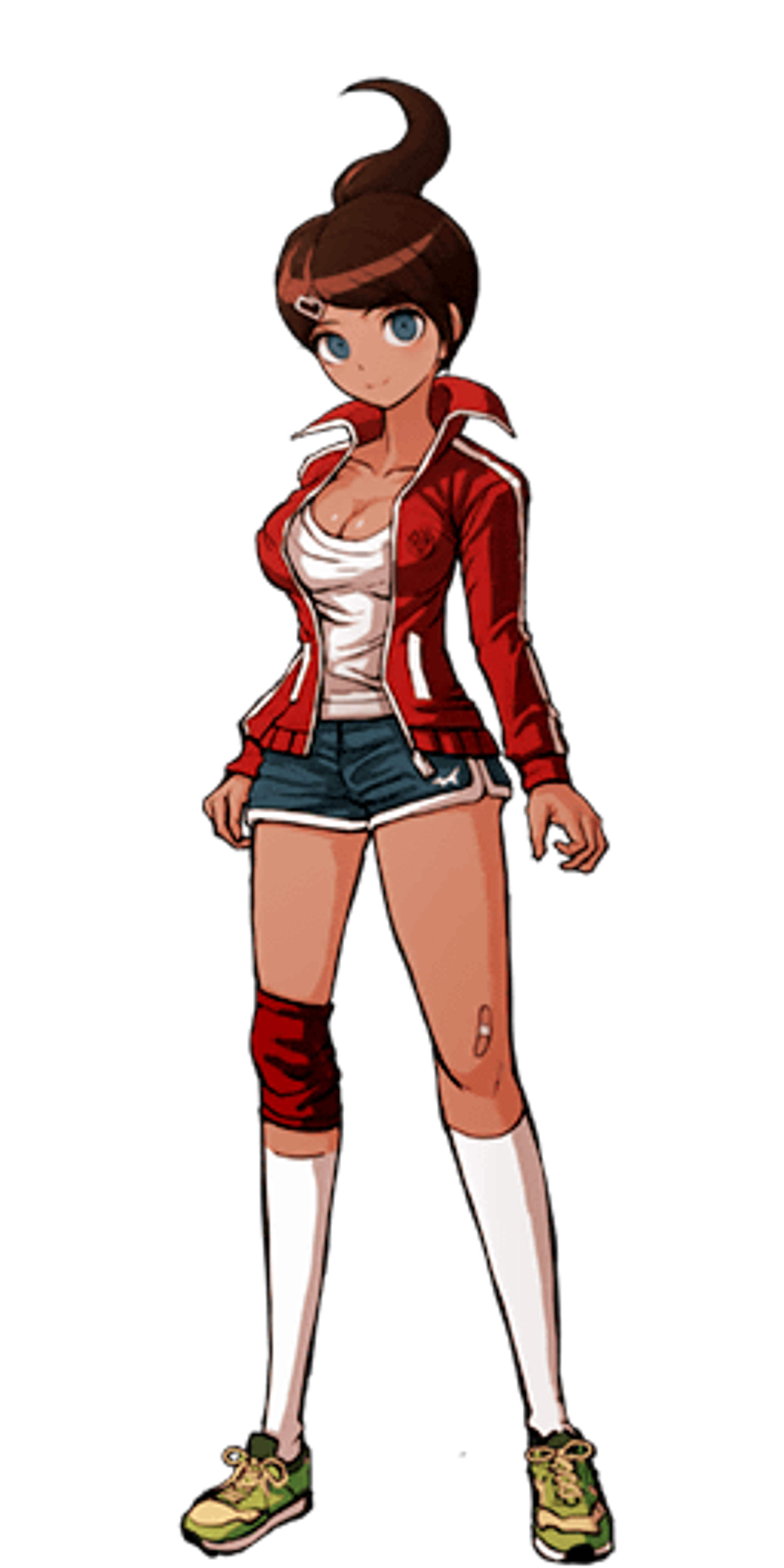 A young, athletic woman with short brown hair and blue eyes, wearing a red jacket, white shirt, and blue shorts, in a confident, heroic pose.