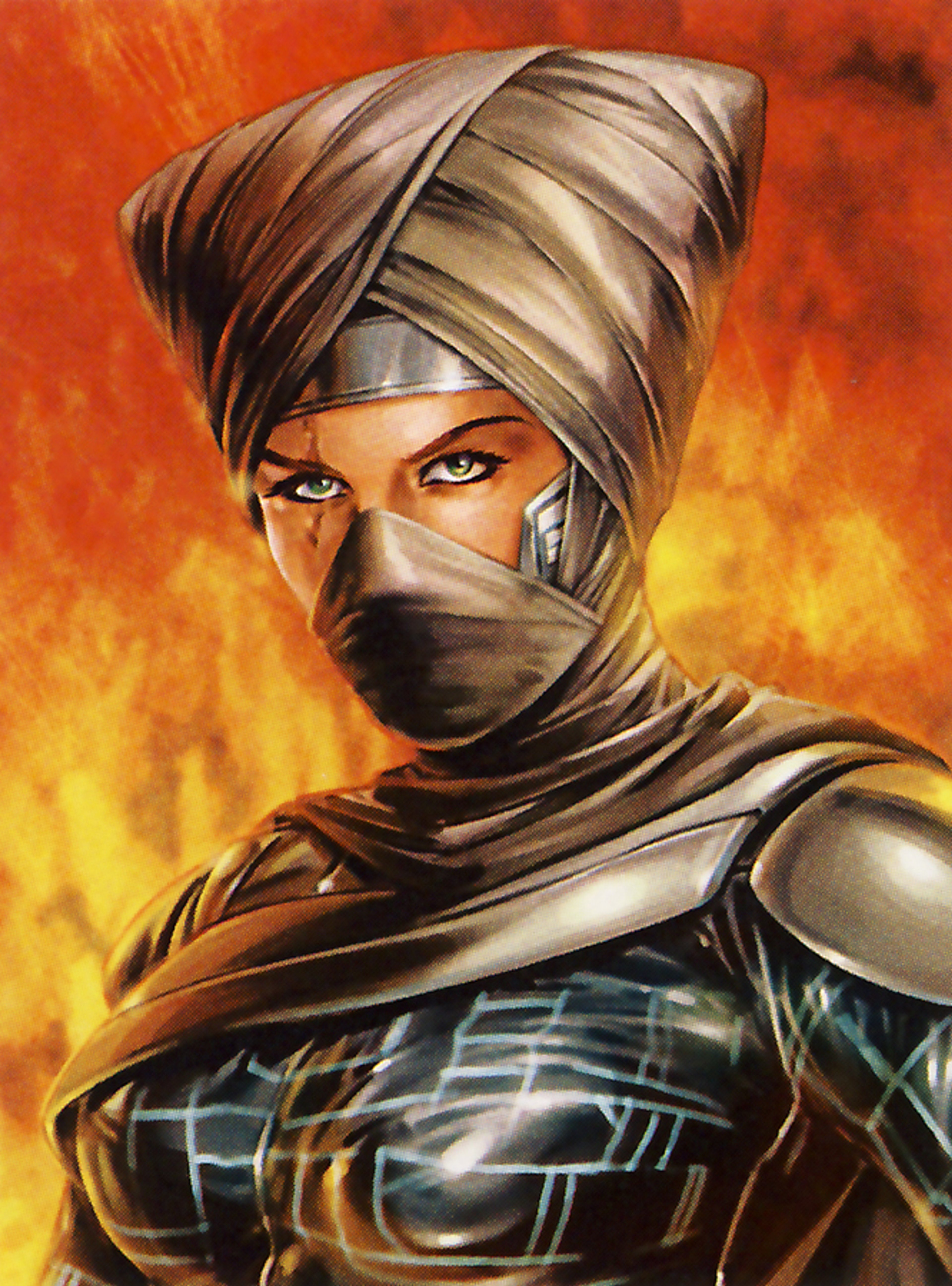 A cybernetically-enhanced human figure in distinctive armor and a triangular headdress, standing in a dramatic pose against a fiery background.