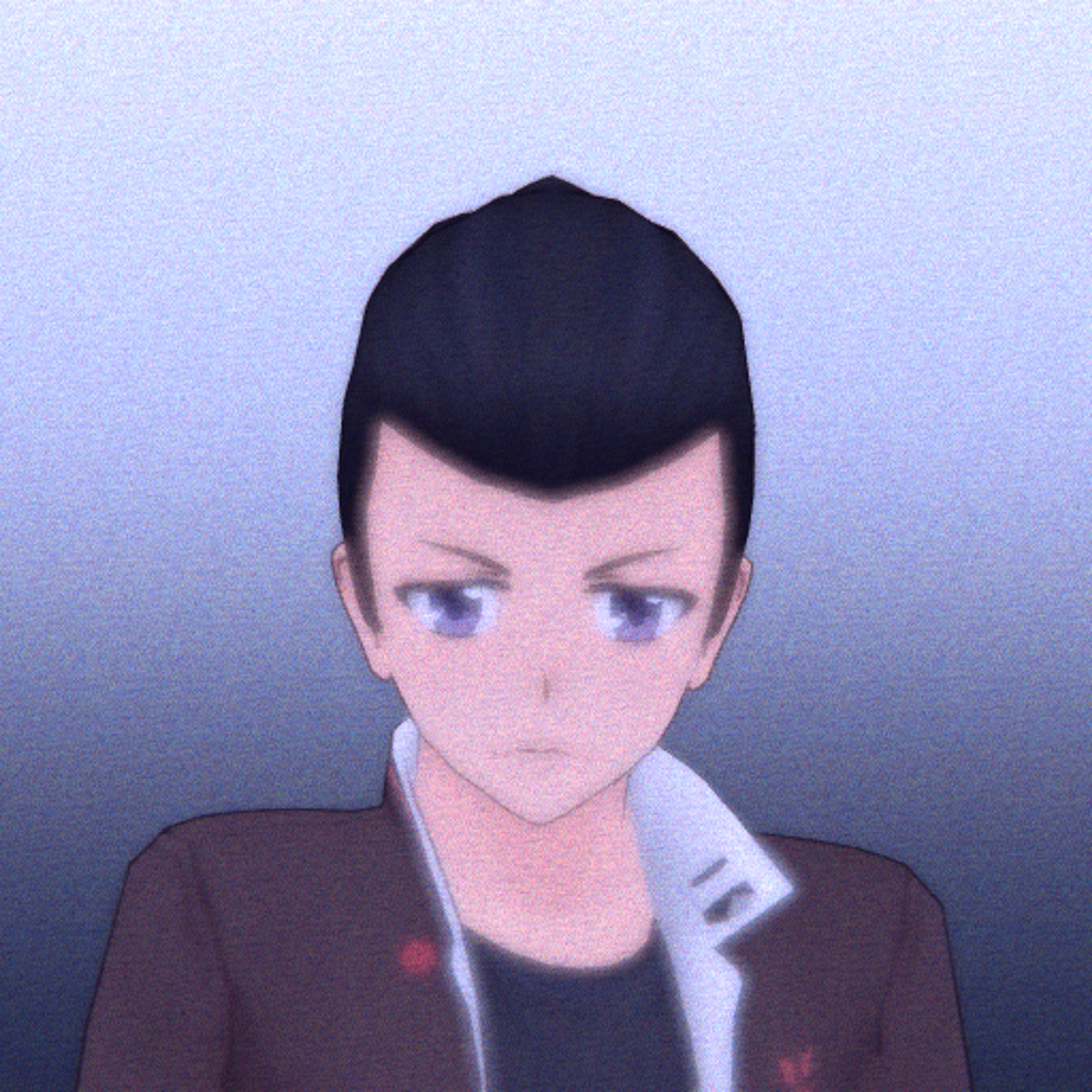 An anime-style character with a spiky pompadour hairstyle and a serious expression