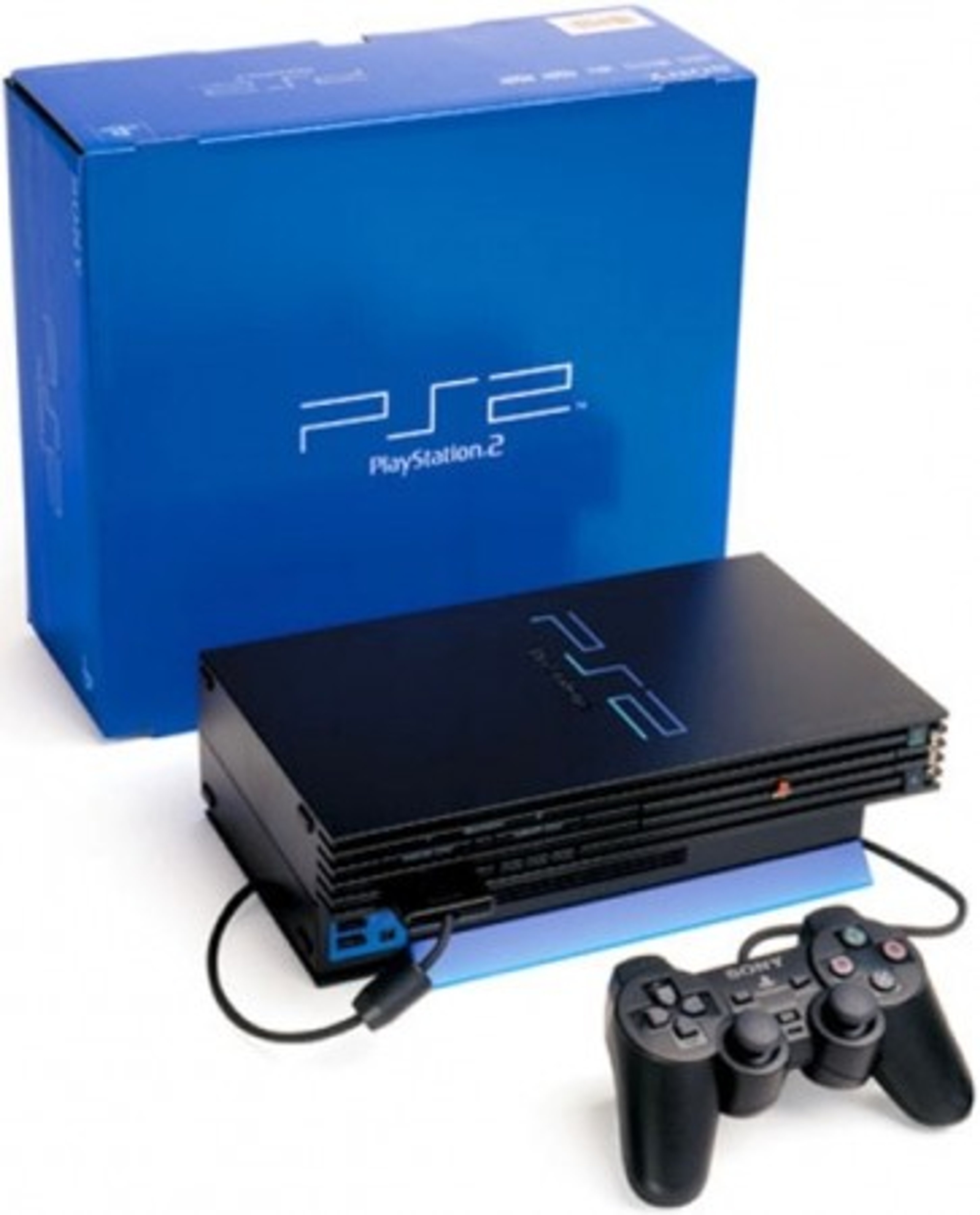 A PlayStation 2 video game console with a DualShock 2 controller