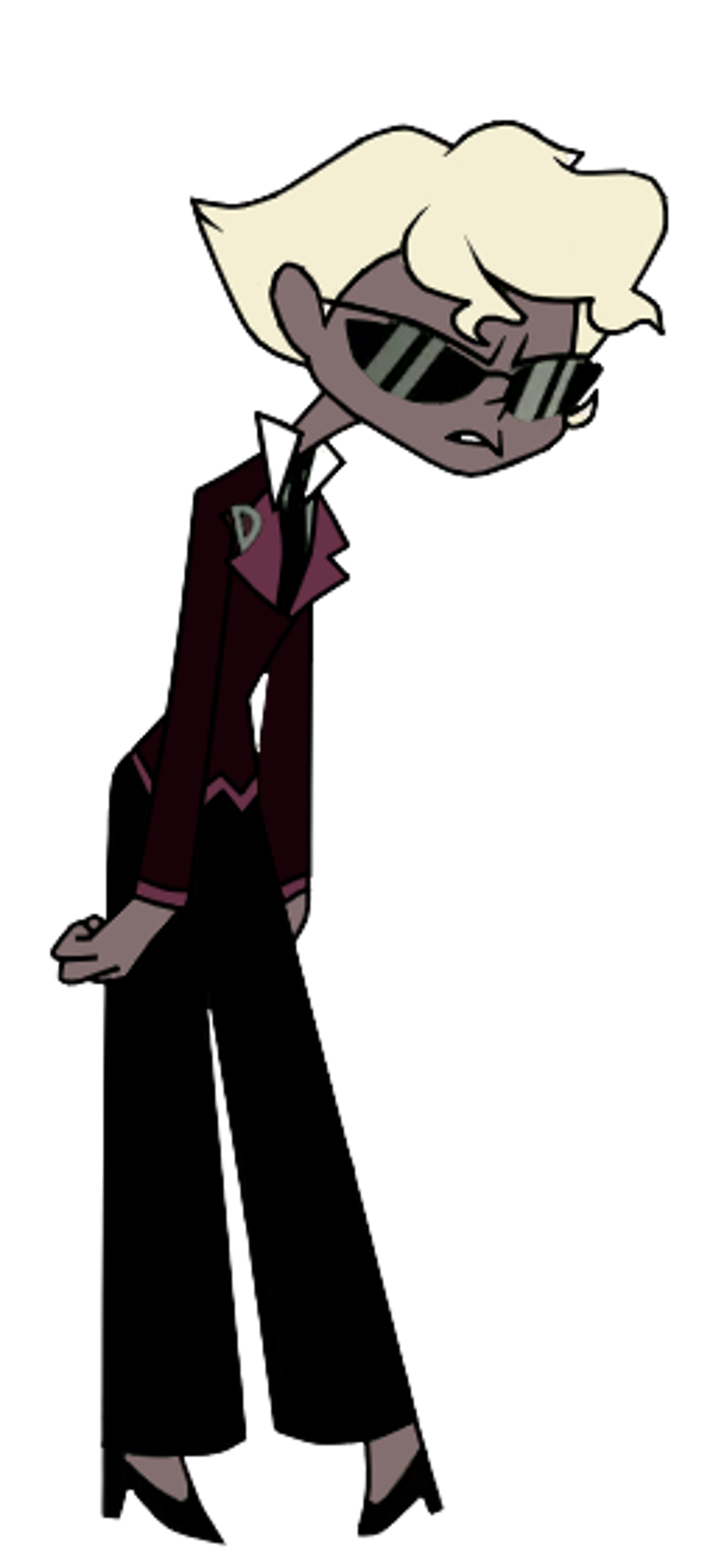 An animated character in a dark suit and tie with a large, fluffy hairstyle