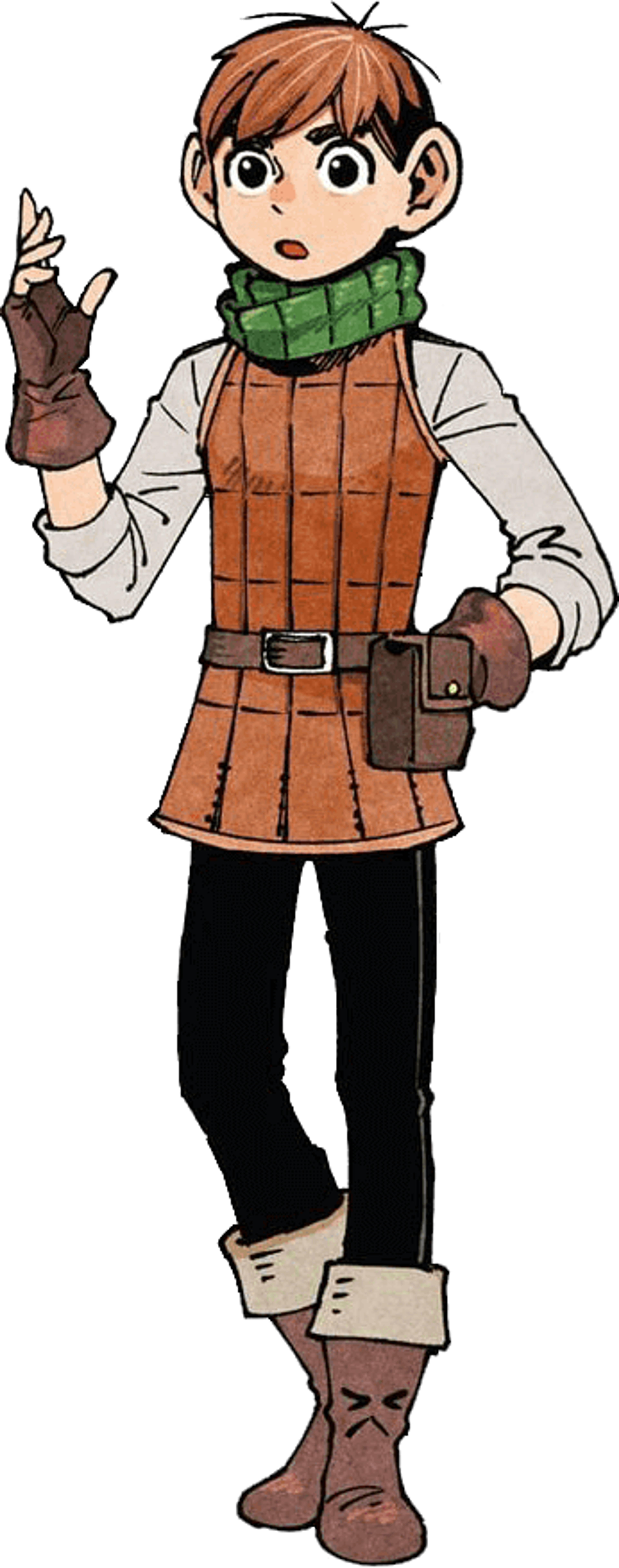 A young-looking half-foot character with auburn hair and brown eyes, wearing a green scarf, brown vest, and brown pants, holding a bow.