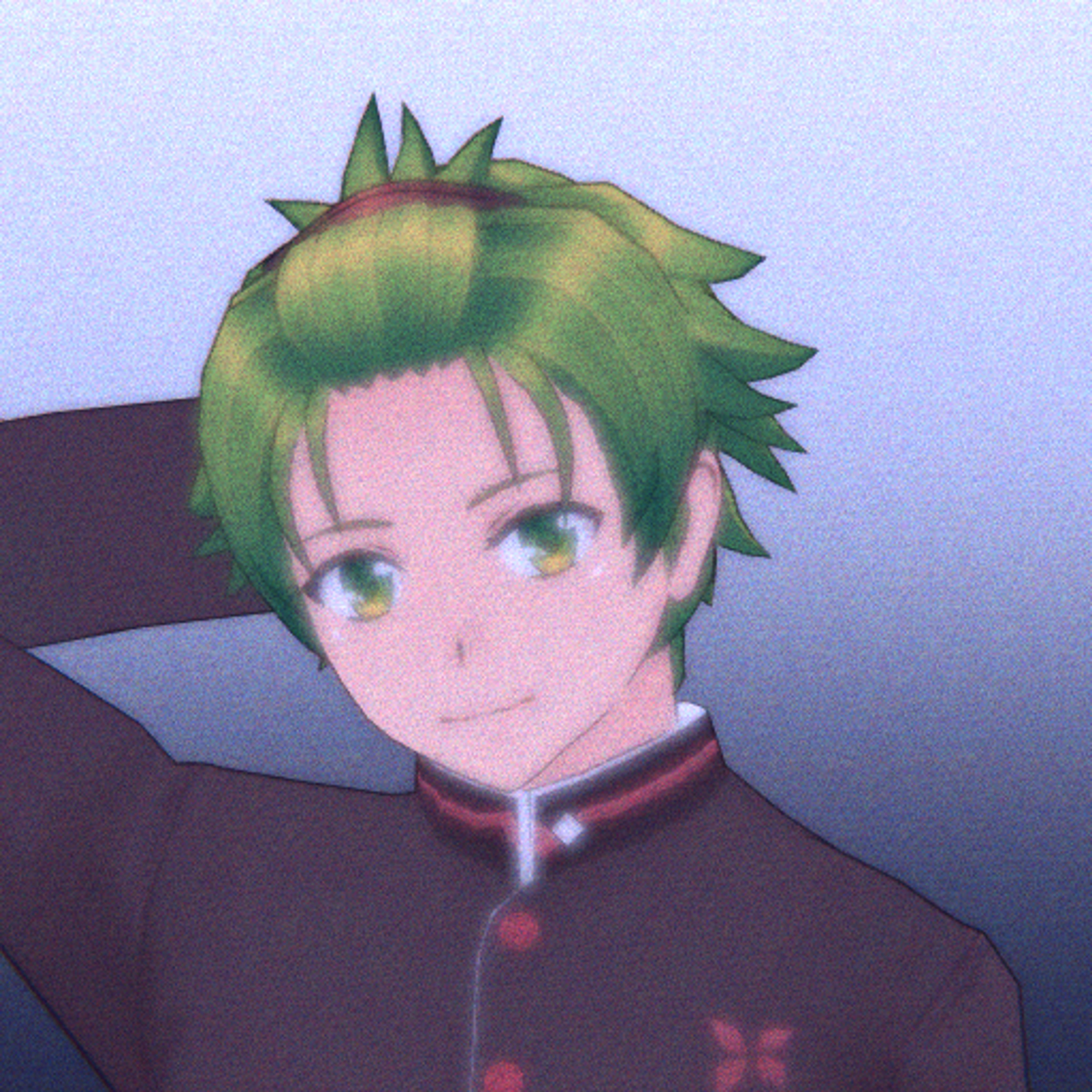 An anime-style character with green hair and a friendly expression, wearing a high school uniform.